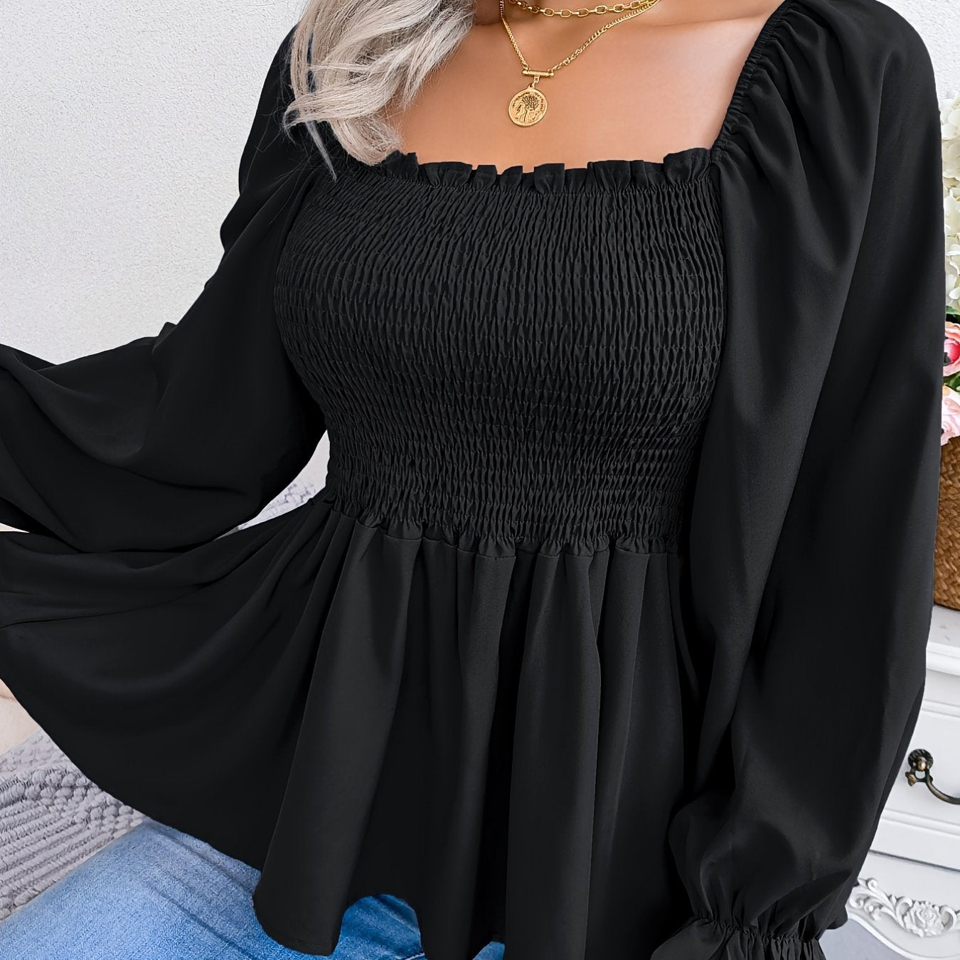 Antmvs Shirred Lantern Sleeve Shirt, Casual Squared Neck Pleated Ruffle Trim Solid Shirt, Women's Clothing
