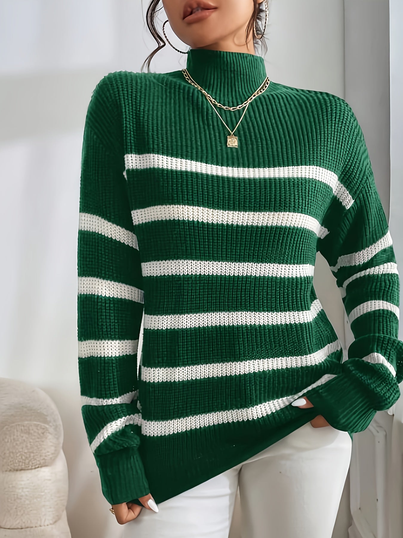 Antmvs Striped Turtle Neck Pullover Sweater, Casual Long Sleeve Sweater, Women's Clothing