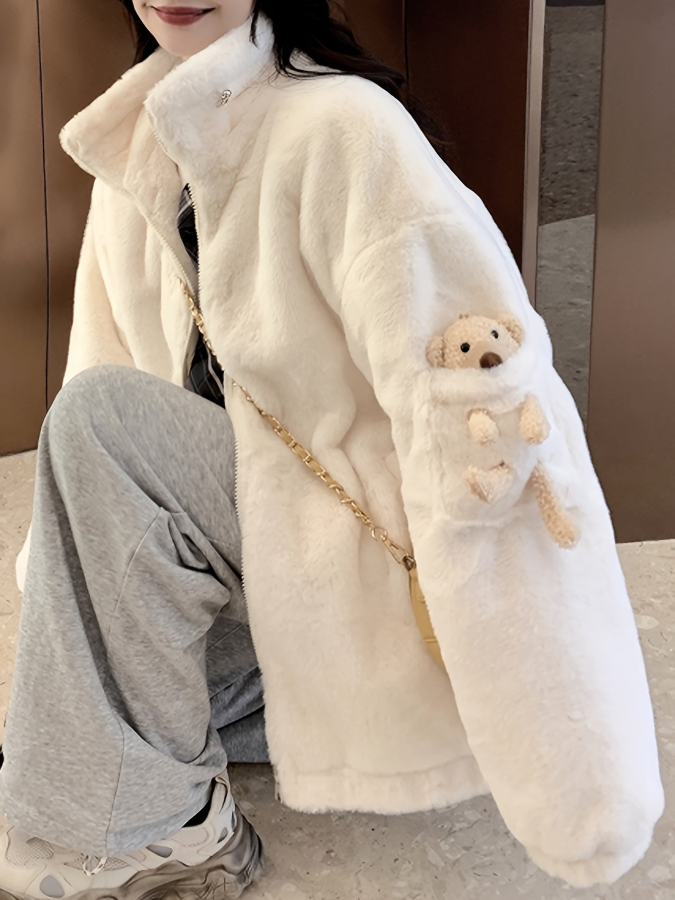 Antmvs Teddy Decor Zip Front Plush Coat, Long Sleeve Slant Pockets Outerwear For Fall & Winter, Women's Clothing