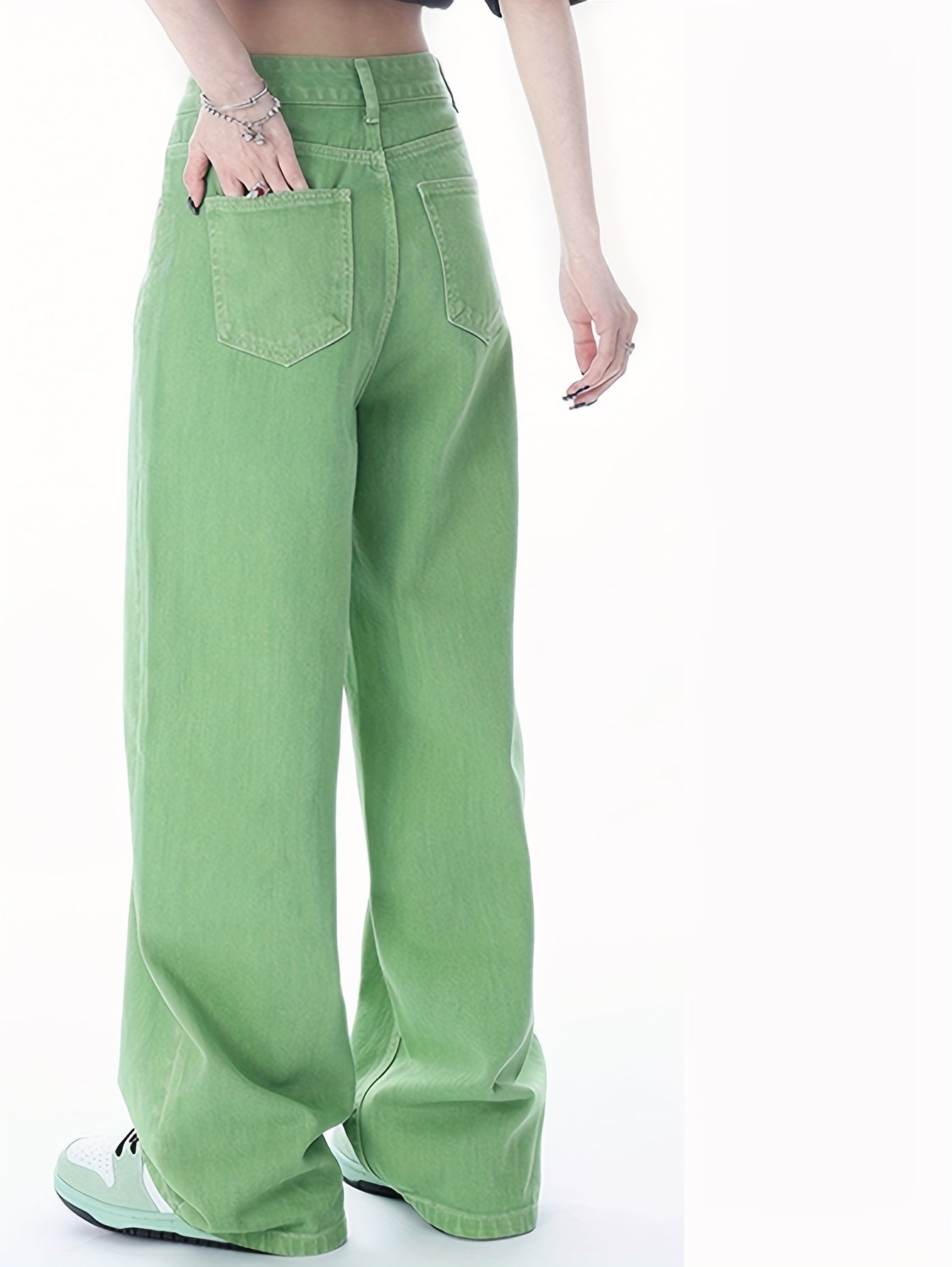 Antmvs Green Loose Fit Straight Jeans, Non-Stretch Slant Pockets Casual Wide Legs Jeans, Women's Denim Jeans & Clothing