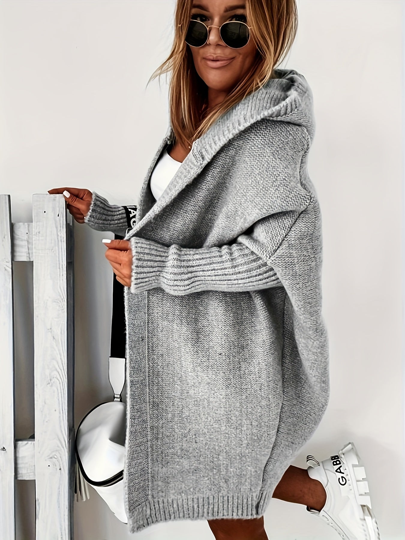 Antmvs Solid Open Front Hooded Cardigan, Casual Batwing Sleeve Mid Length Sweater For Fall & Winter, Women's Clothing