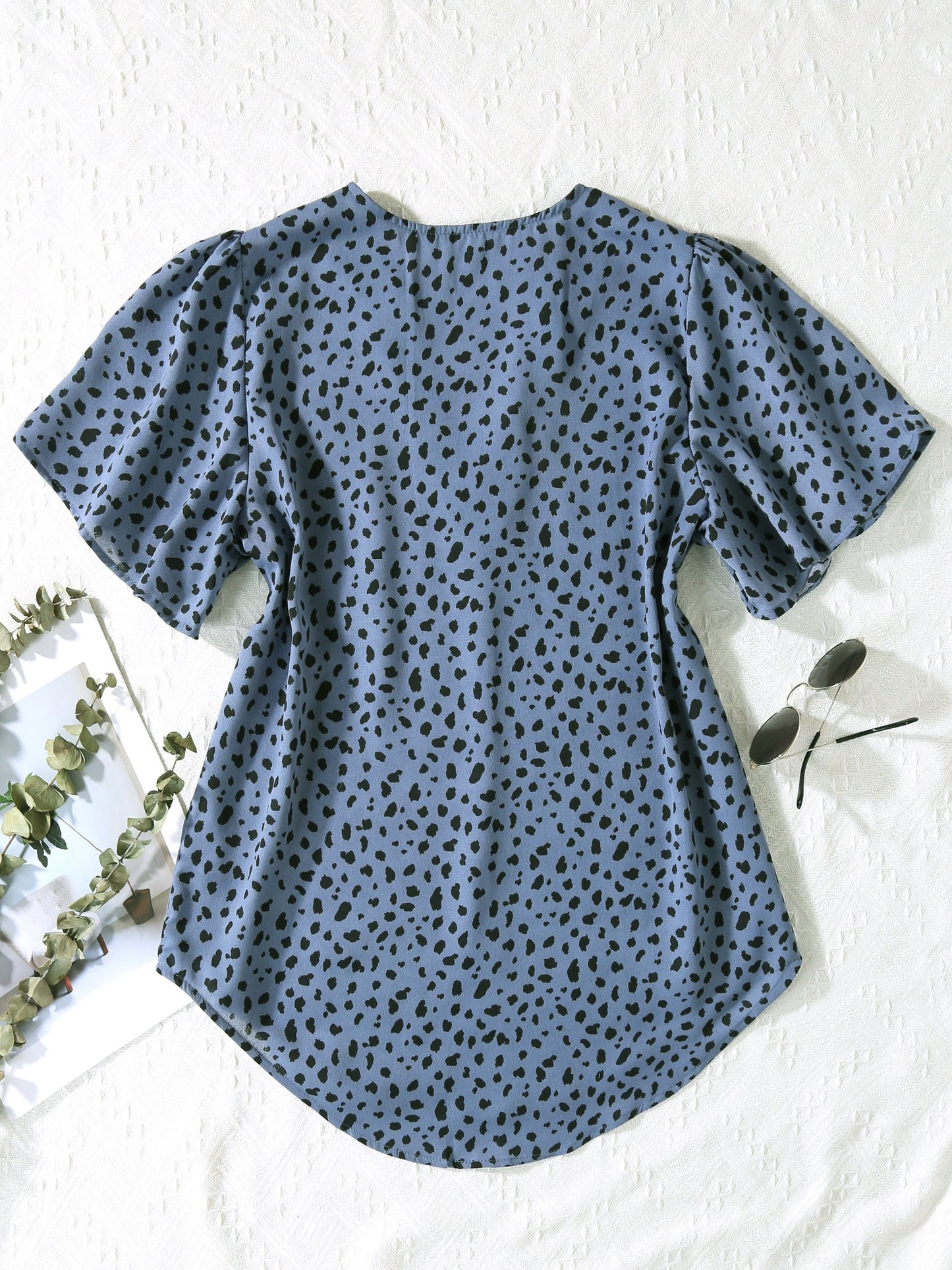 Antmvs Dalmatian Print V Neck Blouse, Elegant Short Sleeve Blouse For Spring & Summer, Women's Clothing