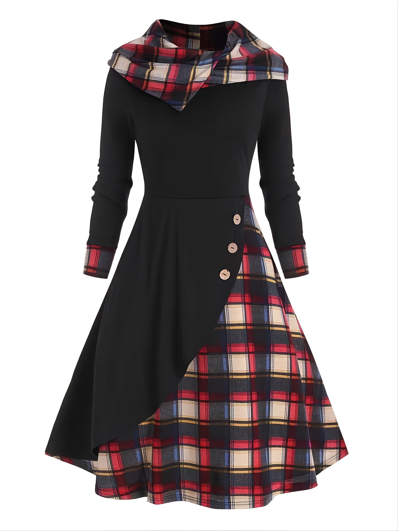 Antmvs Color Block Plaid Midi Dresses Sexy Nightclub Long Sleeve Hooded Cloak Hoodie Dress Victorian Pirate Millennial Frock