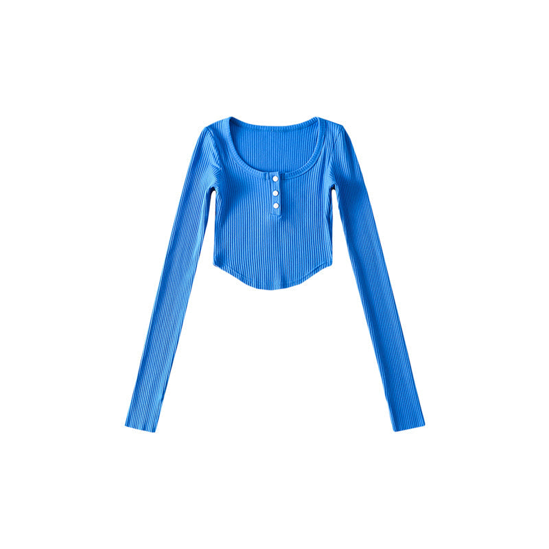 Antmvs Olivia Solid Color Button Up Long Sleeve Ribbed Slim Cropped Top