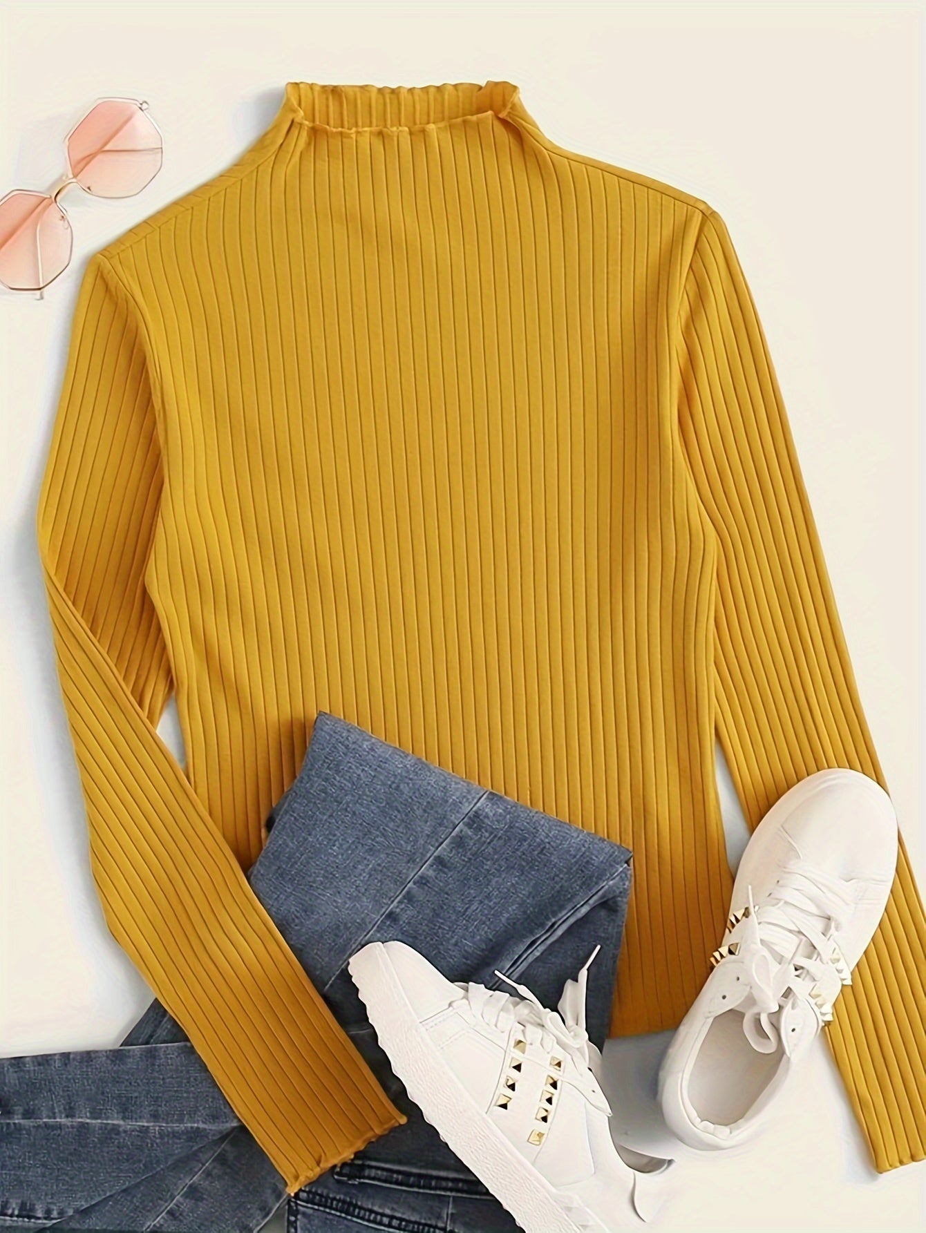 Antmvs Solid Ribbed Mock Neck T-Shirt, Casual Long Sleeve Top For Spring & Fall, Women's Clothing
