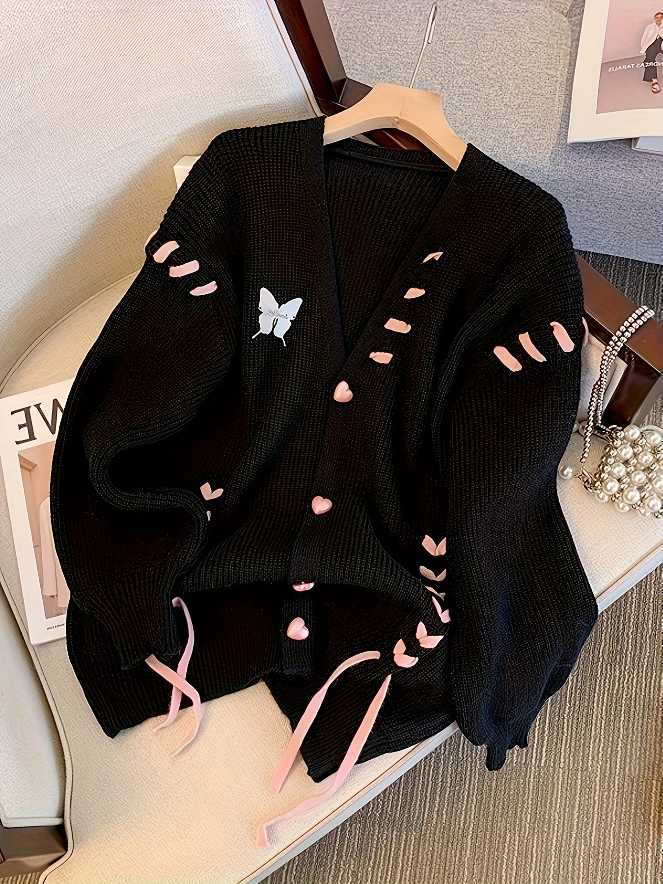 Antmvs Lace Up Button Down Knit Cardigan, Casual Long Sleeve Loose Sweater, Women's Clothing