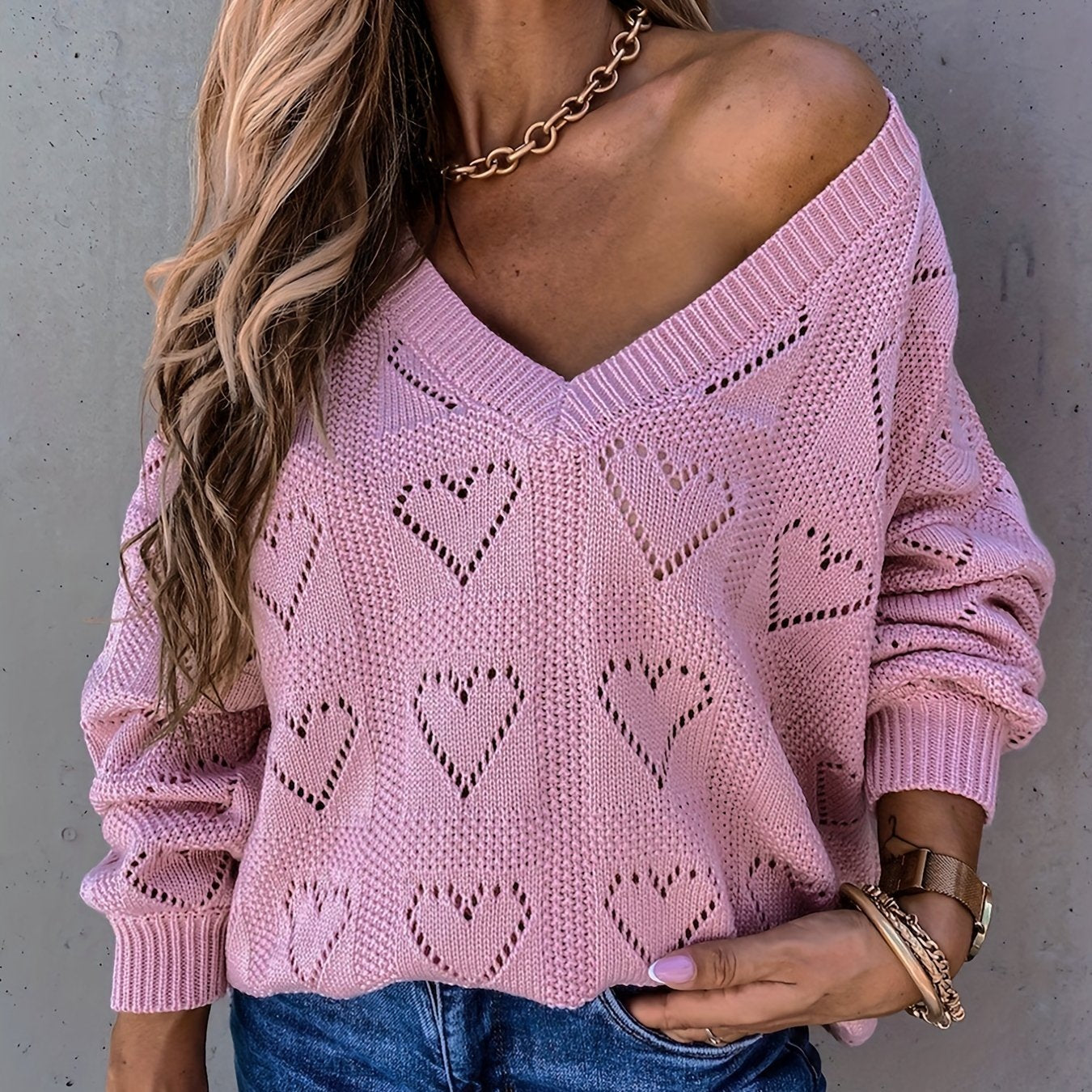 Antmvs Heart Pattern Cut Out V Neck Sweater, Casual Long Sleeve Sweater For Fall & Winter, Women's Clothing