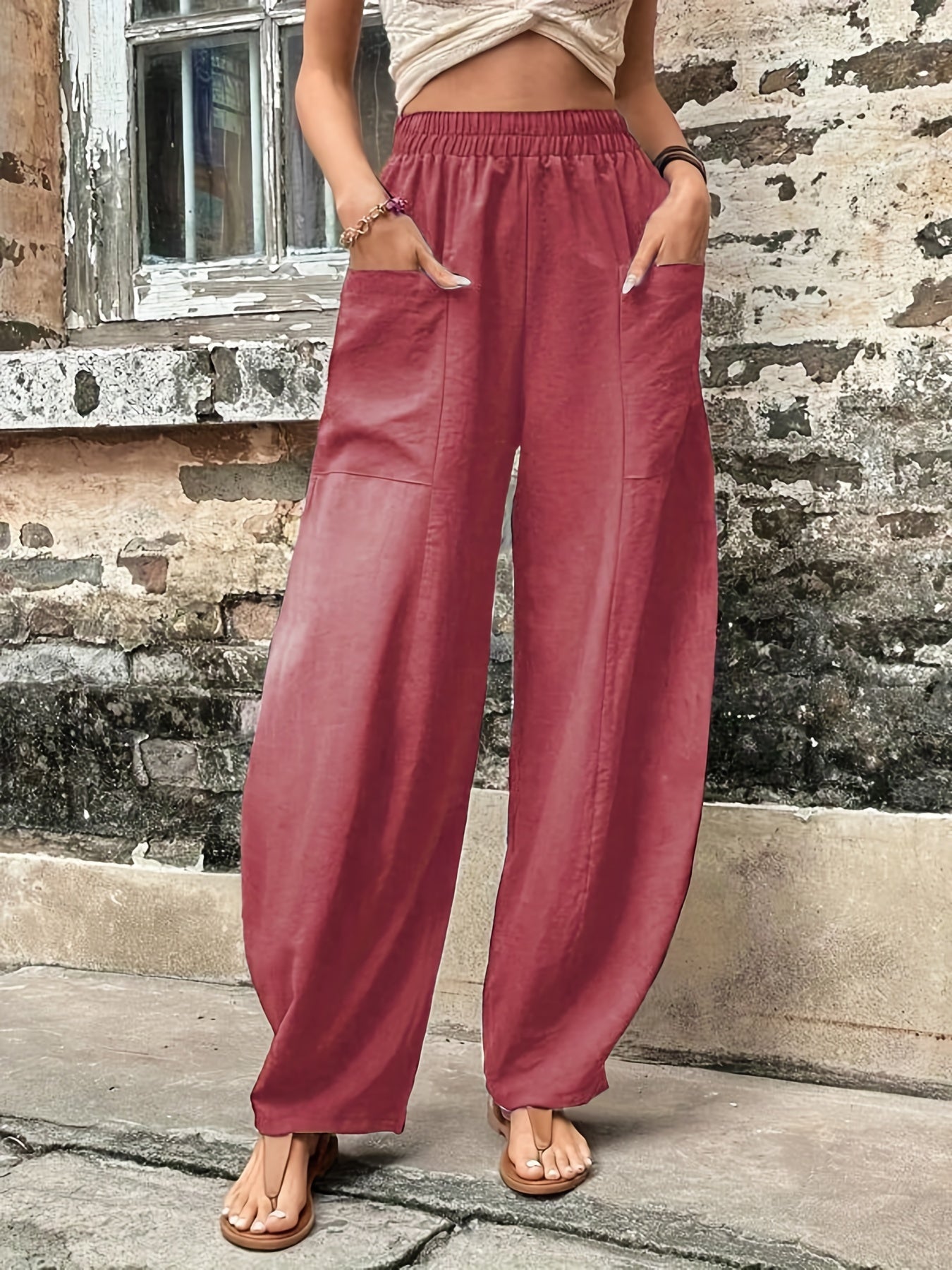 Antmvs Boho Solid Elastic Waist Harem Pants, Casual Long Length Baggy Pants With Pockets For Spring & Summer, Women's Clothing