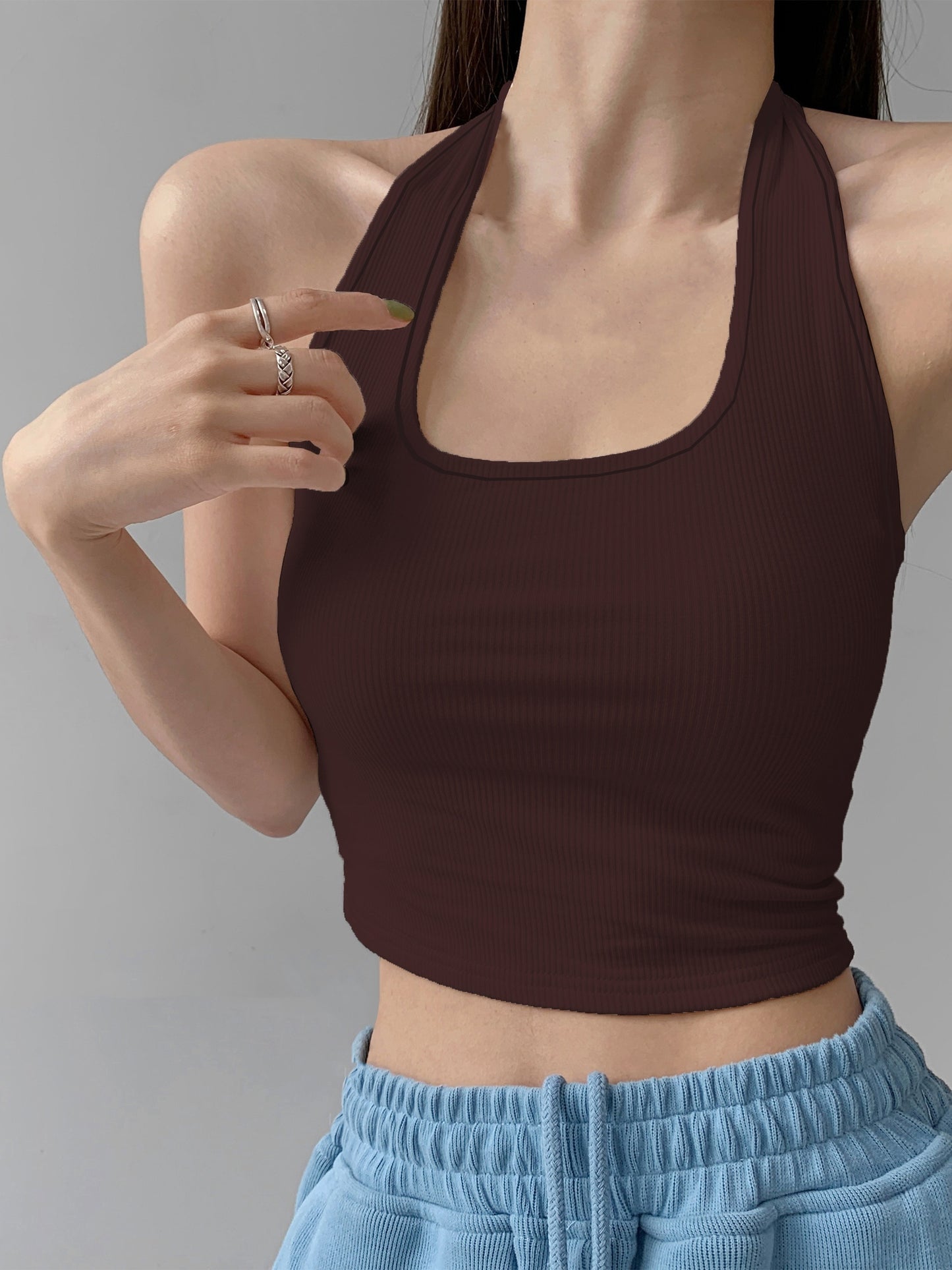 Antmvs Halter Neck Crop Sweater Vest, Sexy Backless Casual Sweater For Spring & Summer, Women's Clothing