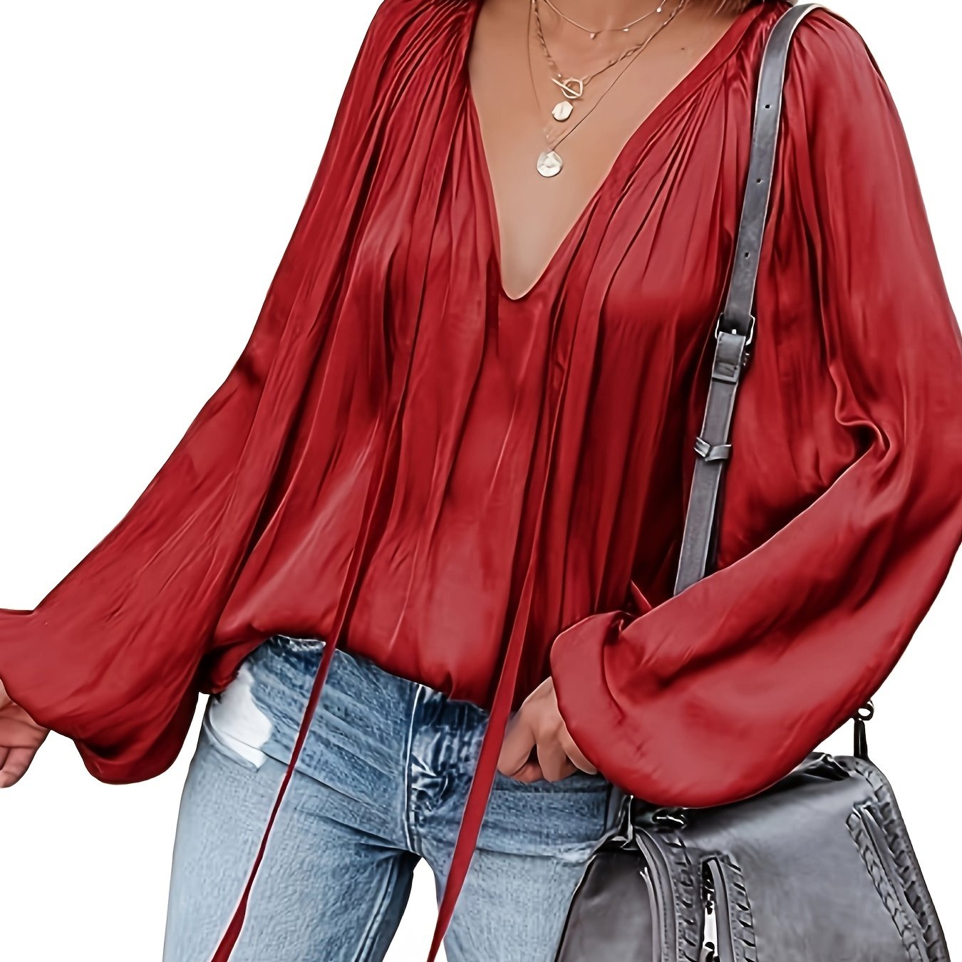 Antmvs Lantern Long Sleeve Satin Blouse, Elegant V Neck Tops For Spring & Summer, Women's Clothing