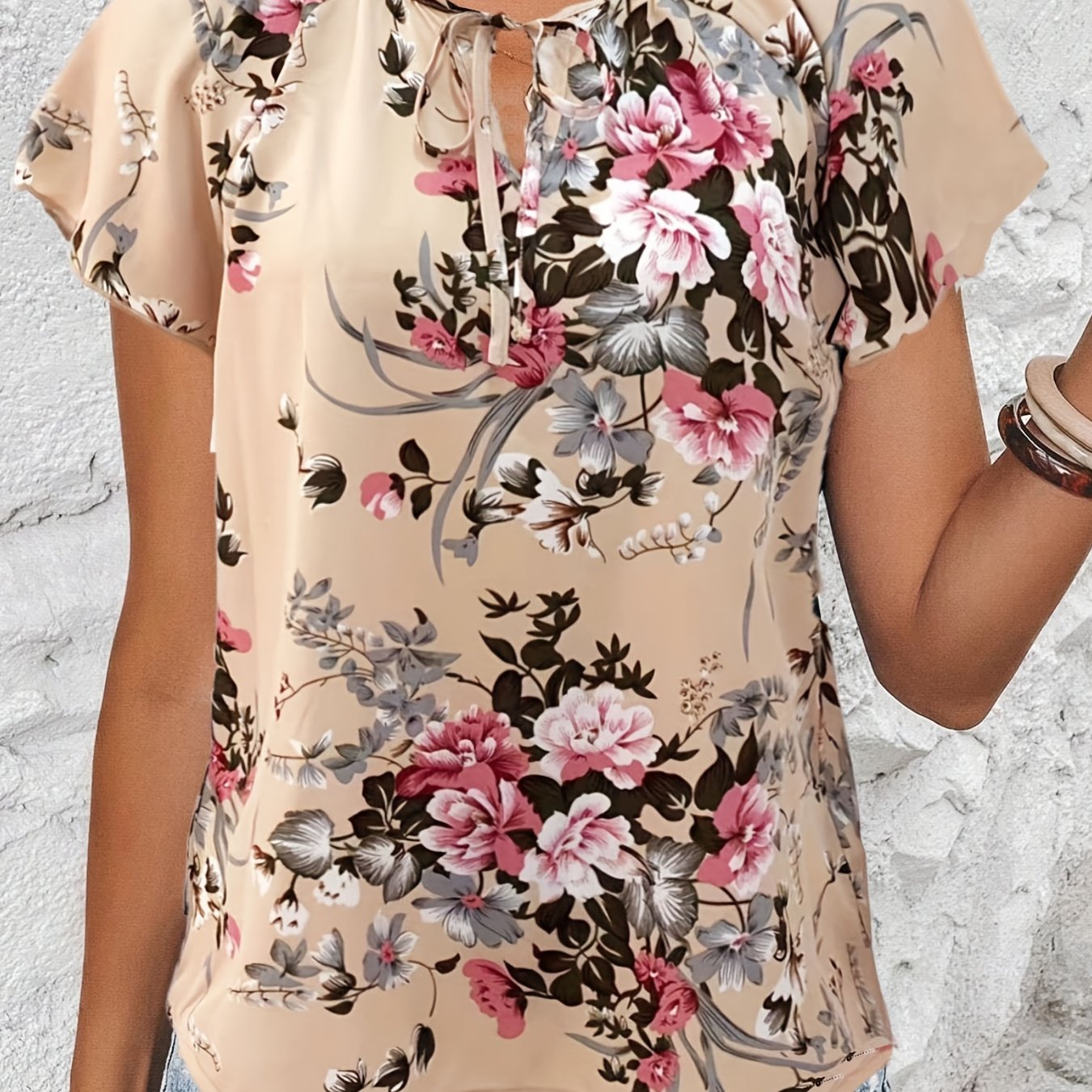 Antmvs Floral Print Drawstring Blouse, Elegant V Neck Short Sleeve Blouse, Women's Clothing