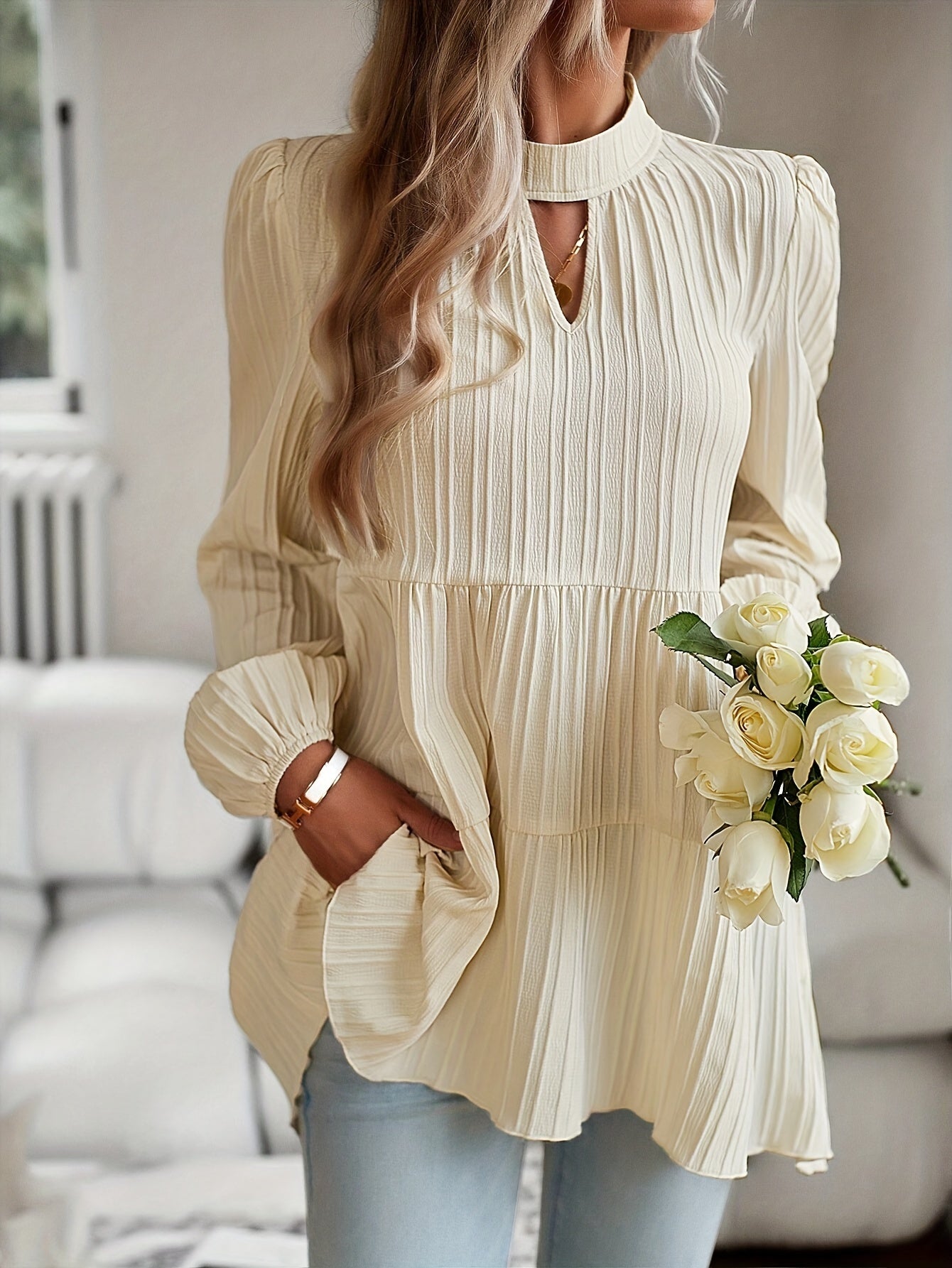 Antmvs Textured Keyhole Blouse, Elegant Mock Neck Long Sleeve Blouse, Women's Clothing