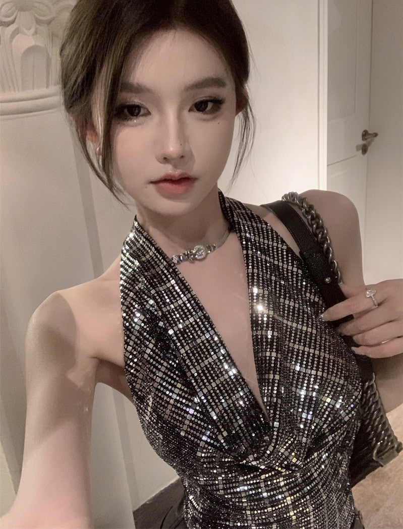 Antmvs Pamela Black & Silver Sequin Halter Neck Shiny Cropped Top