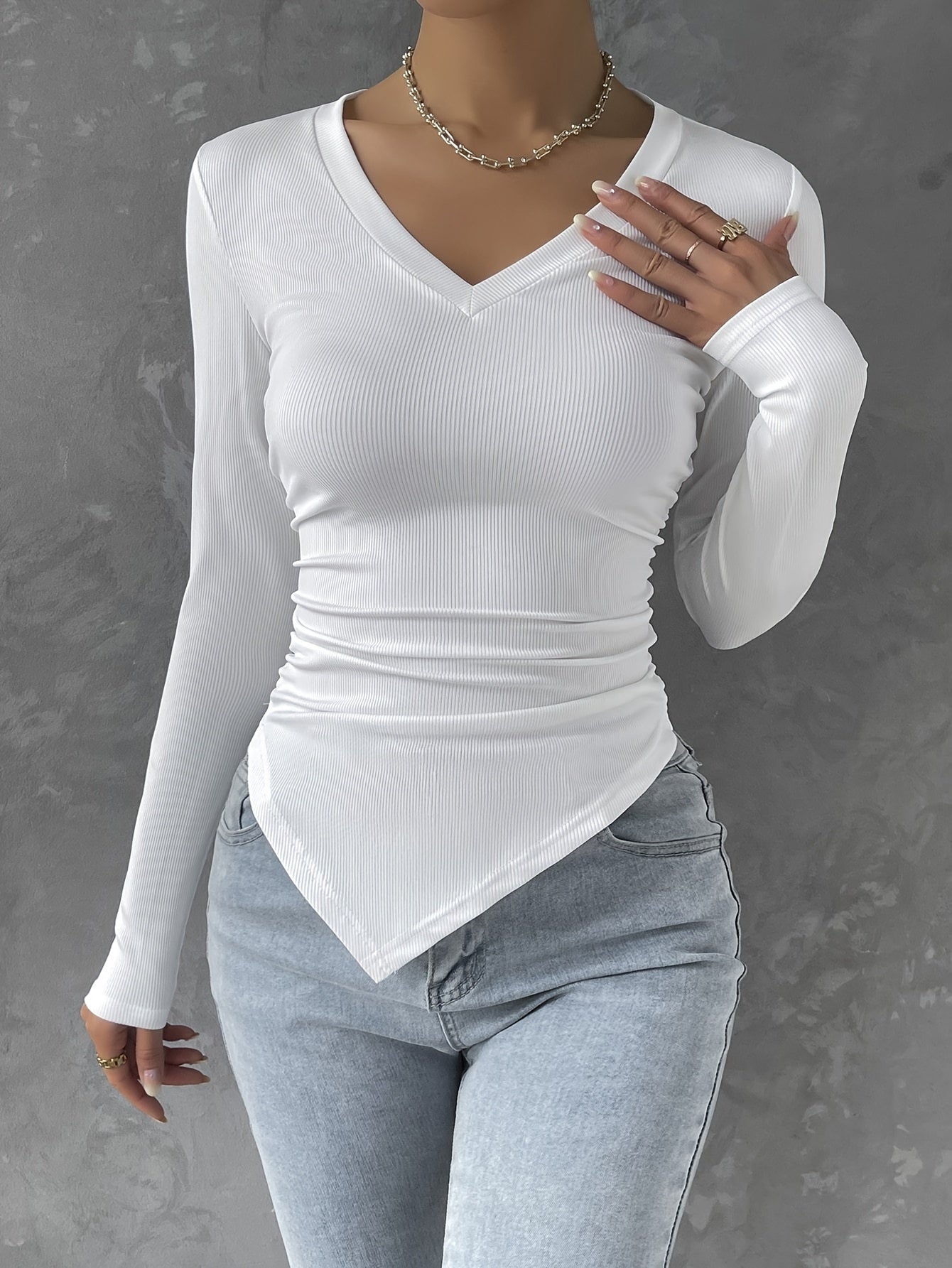 Antmvs Solid V Neck Ruched Hanky Hem T-Shirt, Casual Long Sleeve Top For Spring & Fall, Women's Clothing