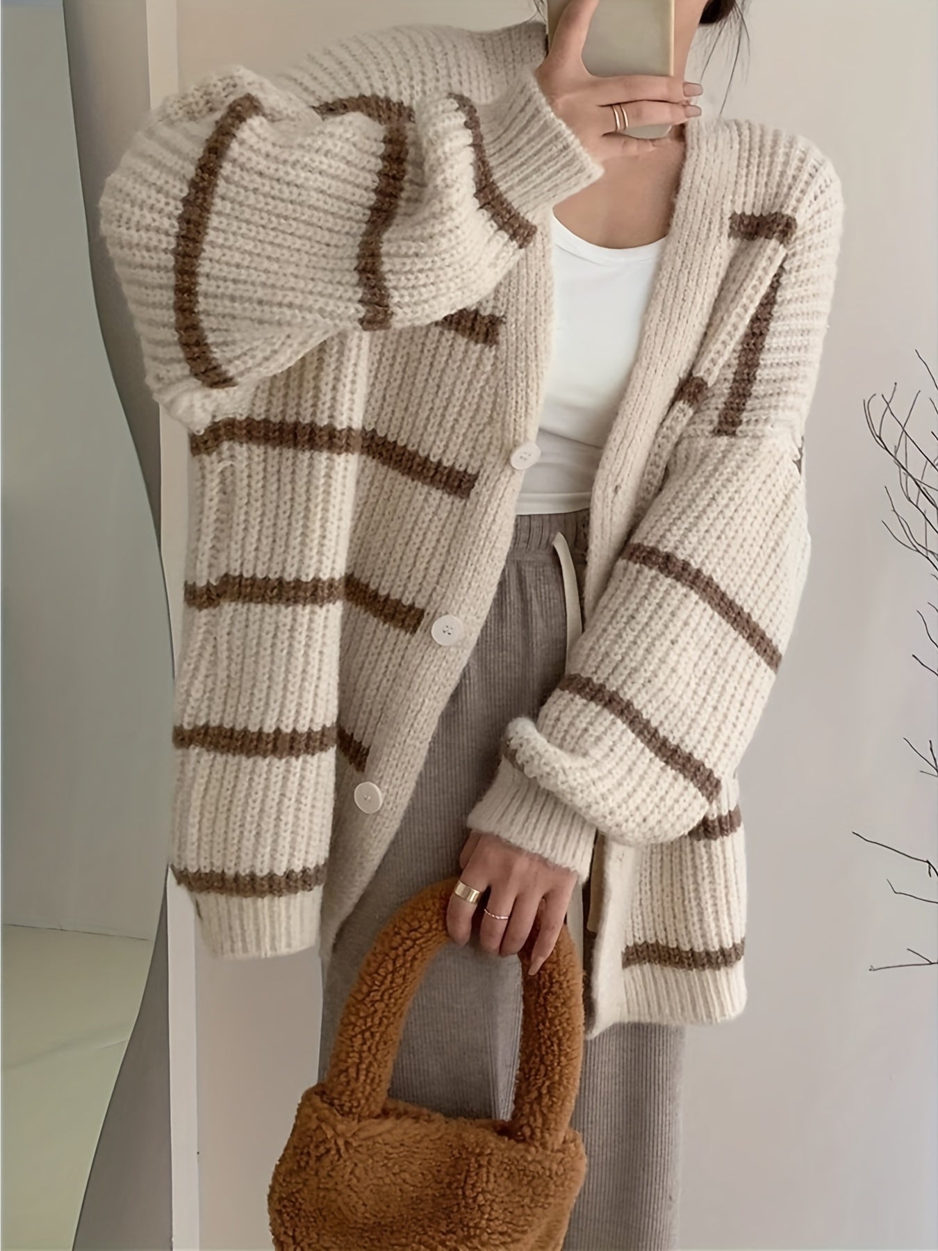 Antmvs Striped Button Down Knit Cardigan, Casual Long Sleeve Oversized Sweater, Women's Clothing