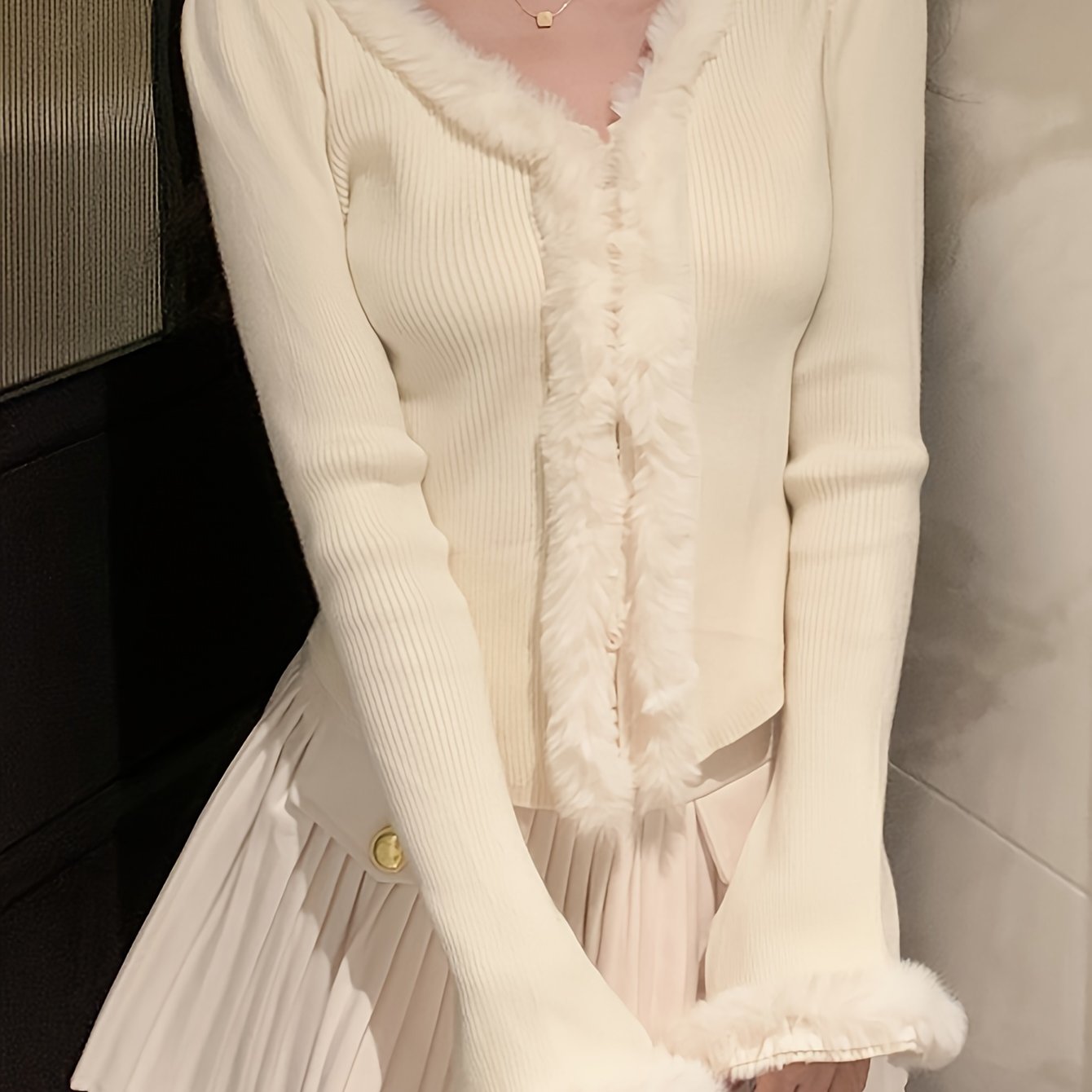Antmvs Solid Faux Fur Decor V-neck Cardigan, Elegant Long Sleeve Slim Knit Cardigan For Fall & Winter, Women's Clothing