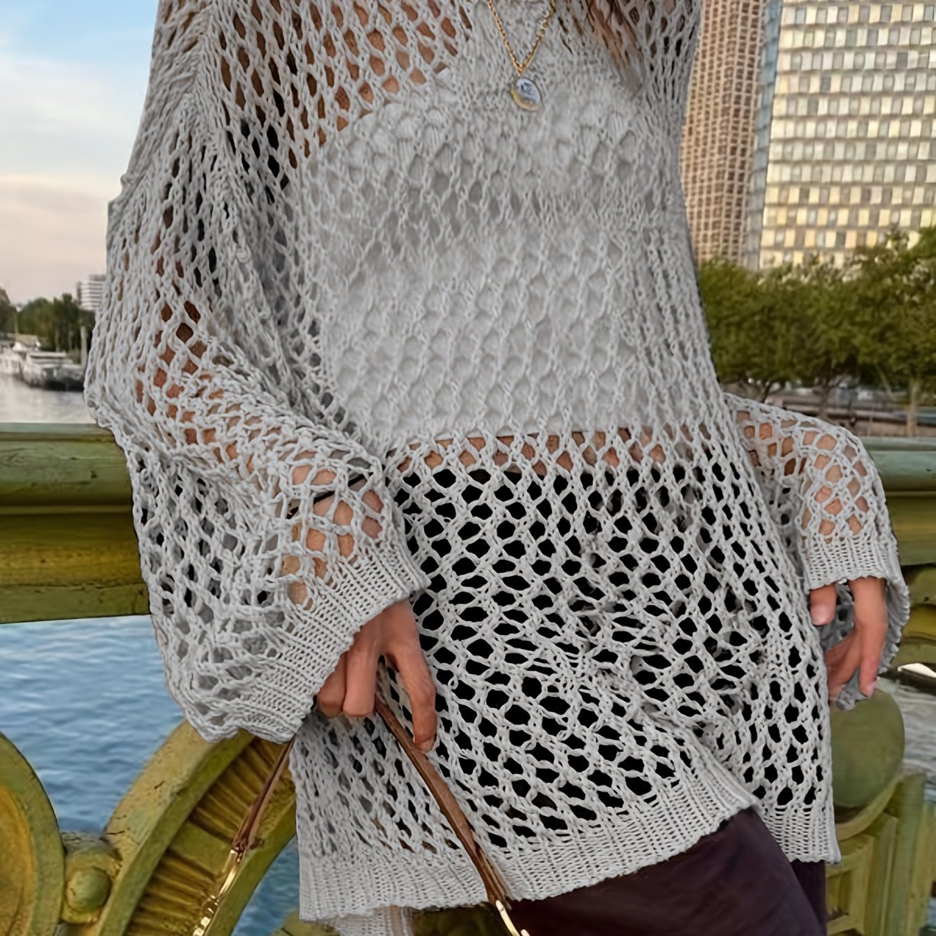 Antmvs Crochet Cut Out Cover Up Top, Y2K Long Sleeve Crew Neck Top, Women's Clothing