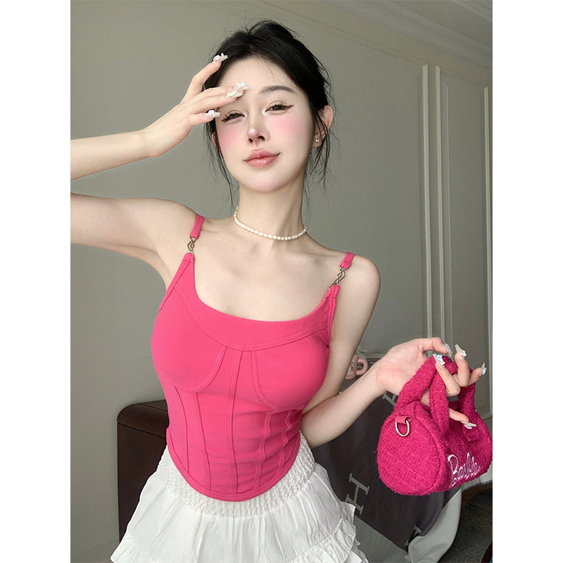 Antmvs Jania Solid Color Pink Silver Spaghetti Strap Slim Corset Top