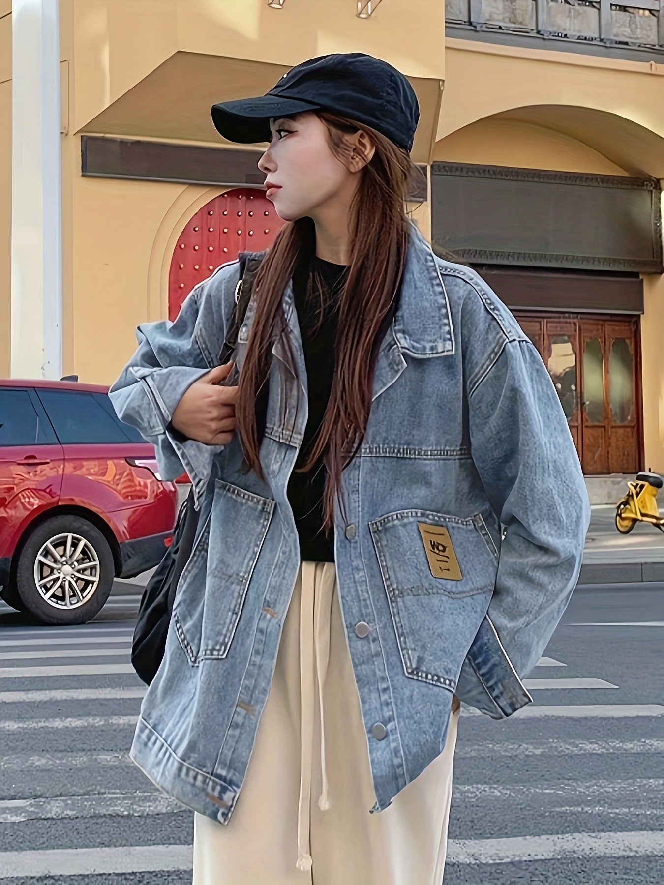 Antmvs Blue Loose Fit Lapel Denim Coat, Long Sleeves Single Breasted Button Denim Jacket, Women's Denim Clothing