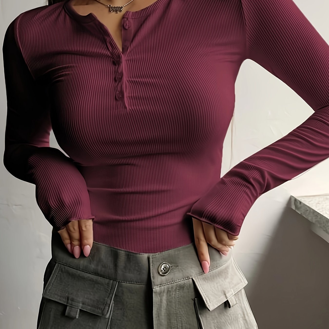 Antmvs Ribbed Button Front T-Shirt, Casual Long Sleeve Top For Spring & Fall, Women's Clothing