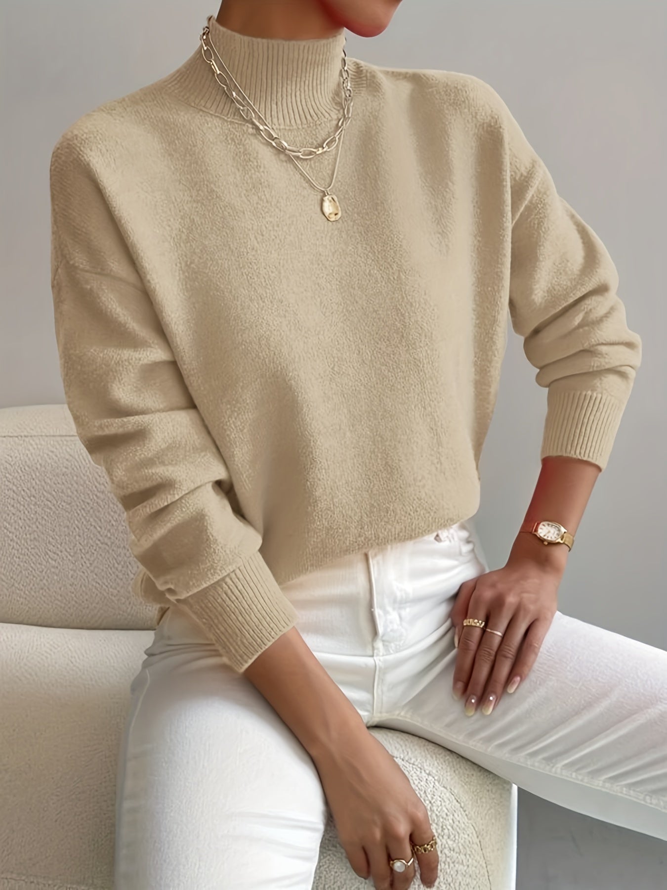 Antmvs Solid Mock Neck Knit Sweater, Casual Drop Shoulder Long Sleeve Sweater, Women's Clothing