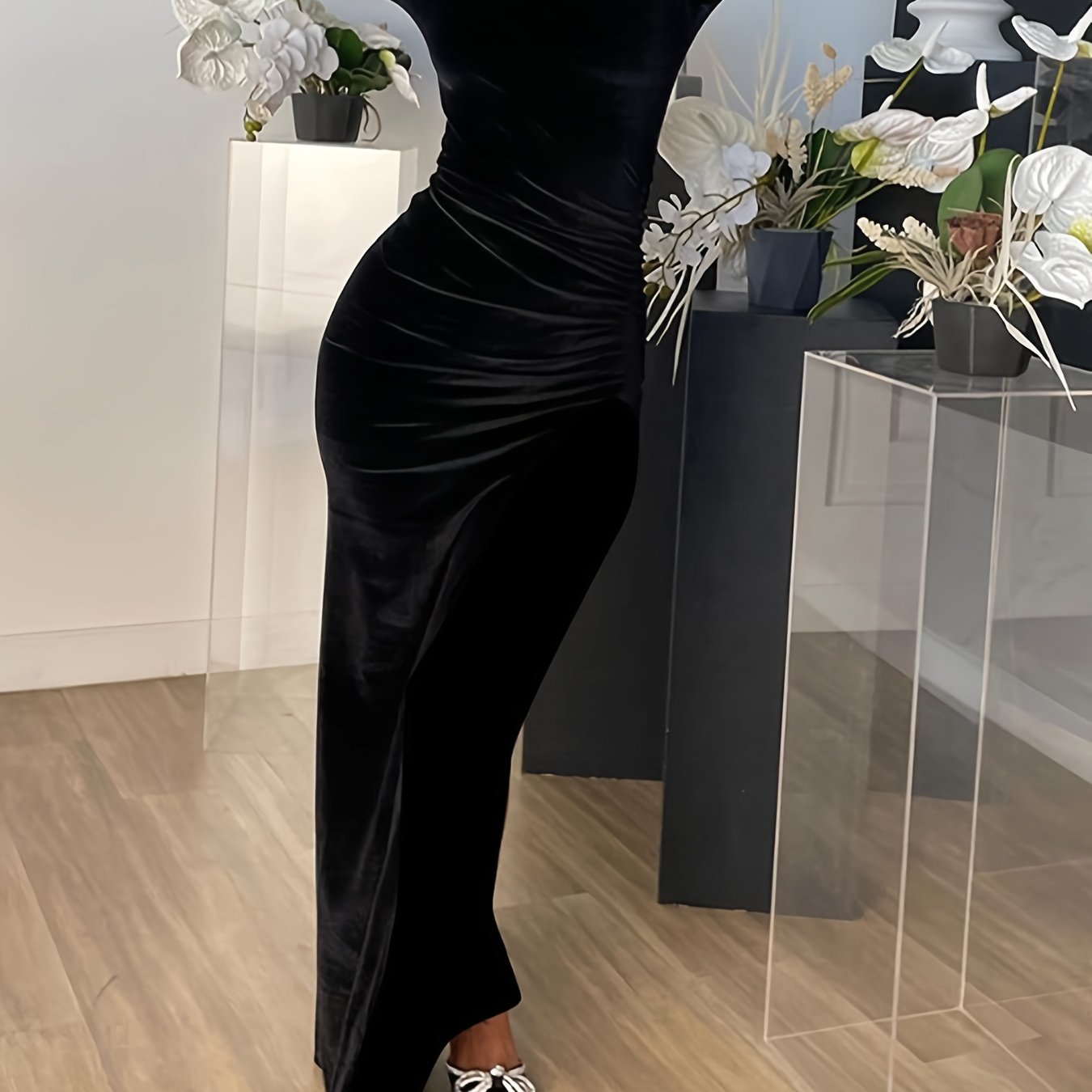 Antmvs Velvet Mock Neck Dress, Elegant Long Sleeve Ruched Bodycon Dress, Women's Clothing