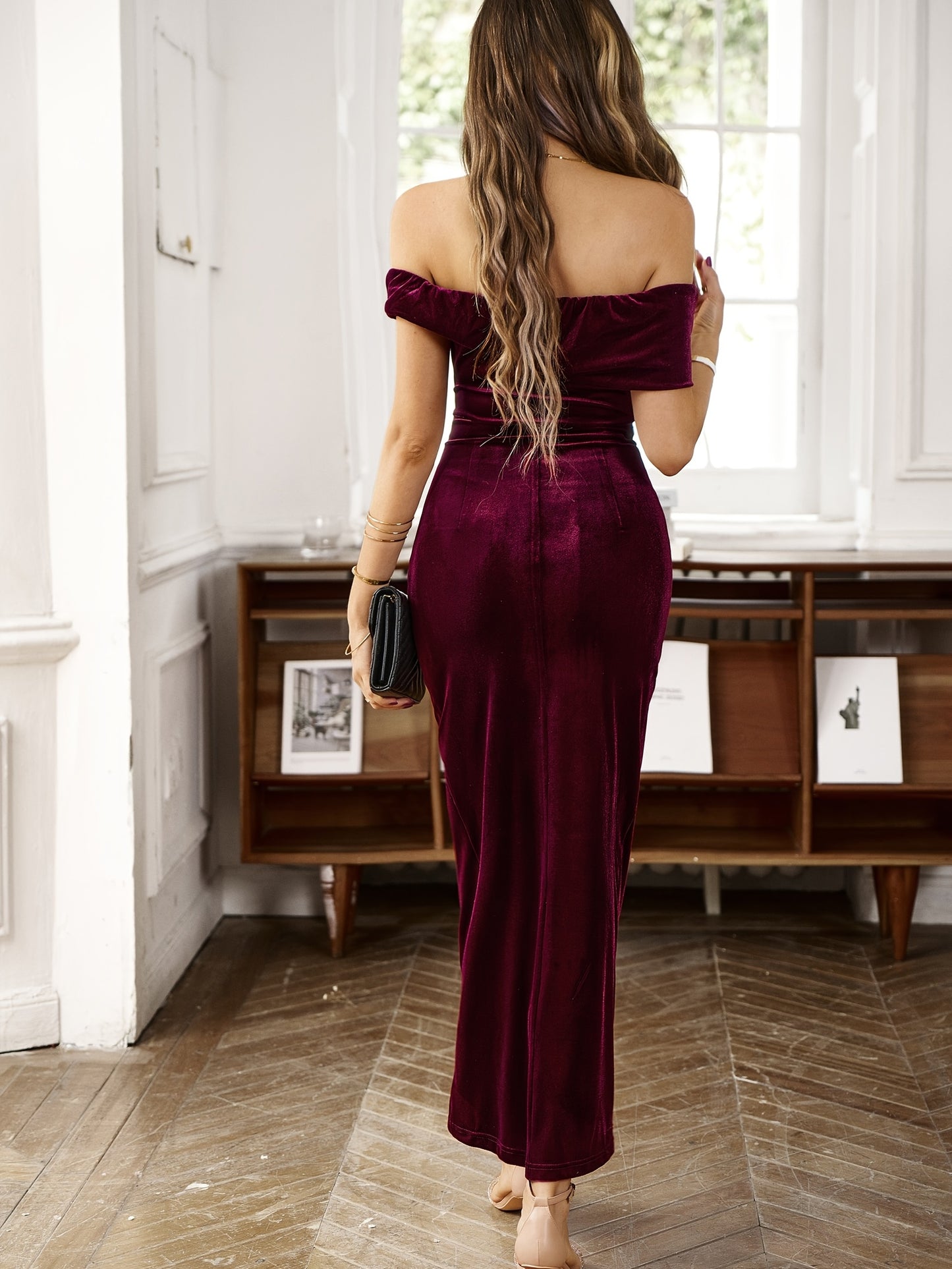 Antmvs Off Shoulder Tucked Dress, Elegant Solid Bodycon Party Dress, Women's Clothing