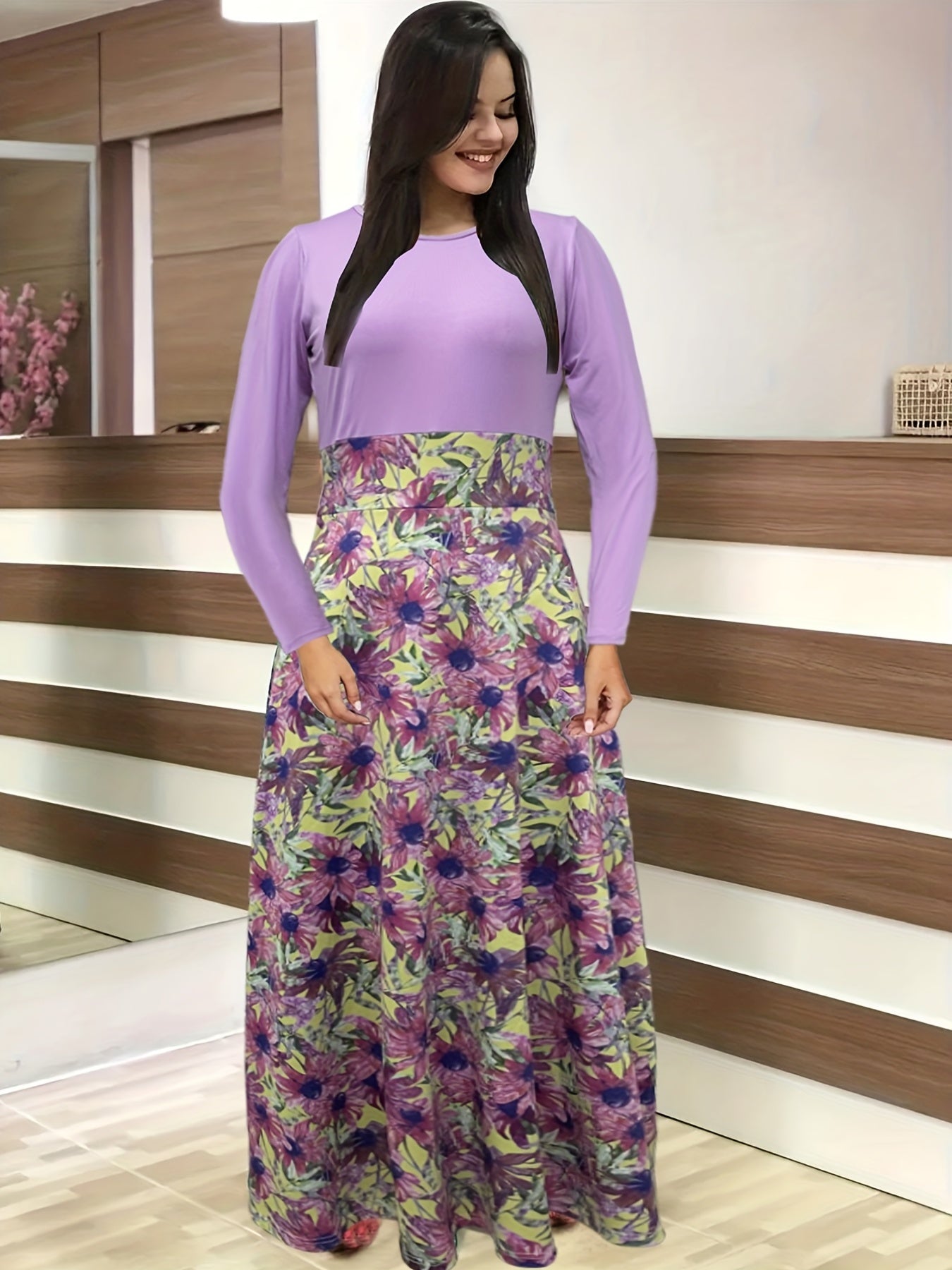 Antmvs Floral Print Splicing Dress, Casual Crew Neck Long Sleeve Dress, Women's Clothing