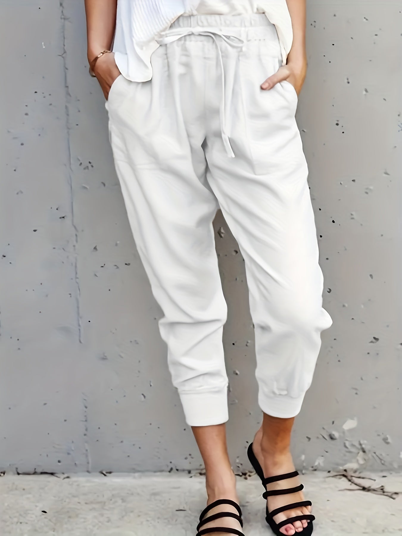 Antmvs Minimalist Drawstring Waist Pants, Solid Casual Pants For Spring & Summer, Women's Clothing