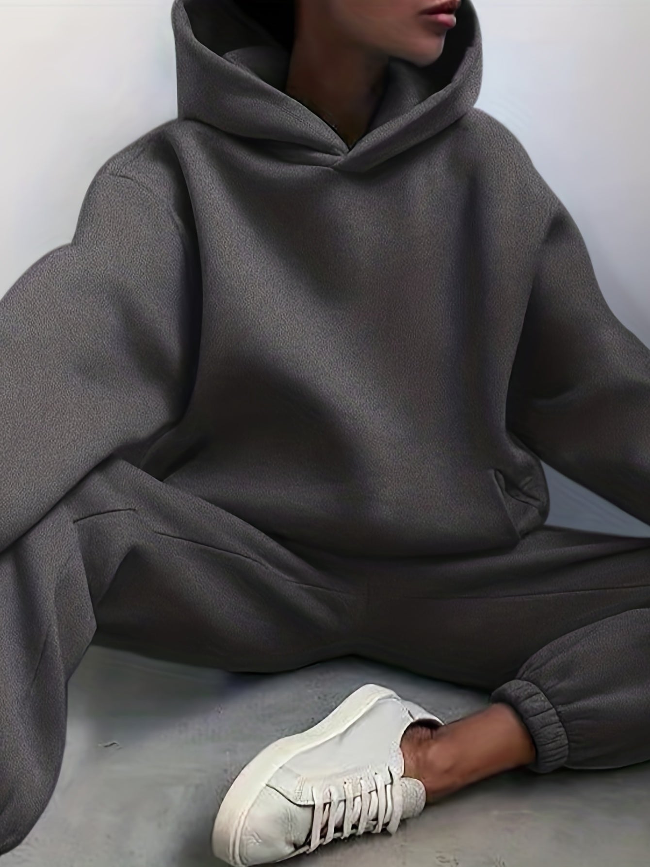 Antmvs Casual Solid Two-piece Set, Drop Shoulder Long Sleeve Hoodies & Elastic Waist Jogger Pants Outfits, Women's Clothing