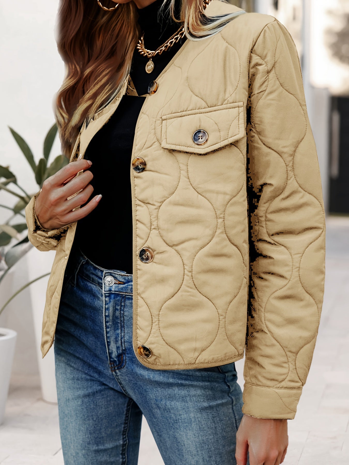 Antmvs Button Up Quilted Solid Coat, Casual Long Sleeve Coat For Fall & Winter, Women's Clothing