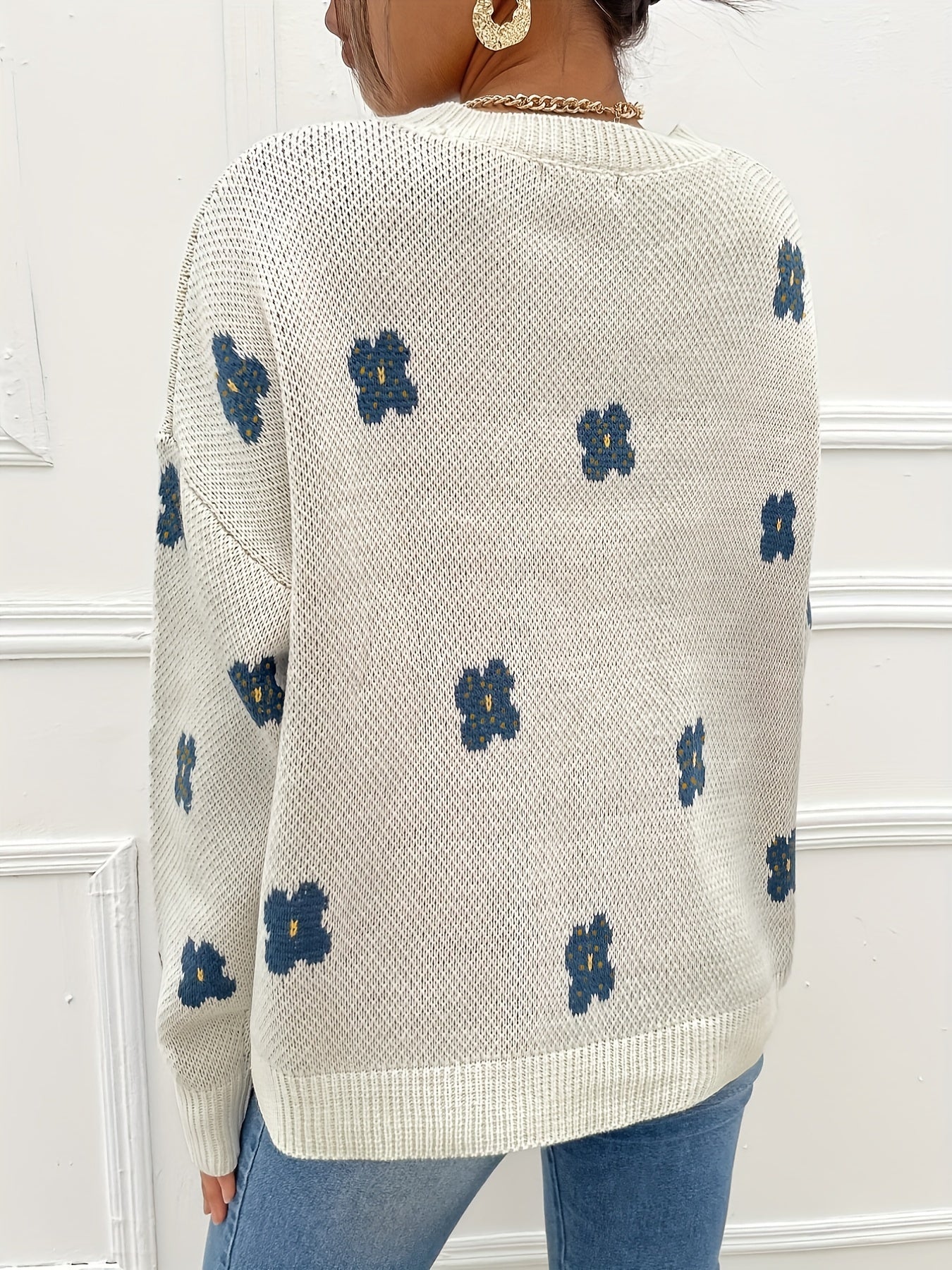 Antmvs Floral Pattern Crew Neck Sweater, Casual Long Sleeve Drop Shoulder Sweater For Fall & Winter, Women's Clothing