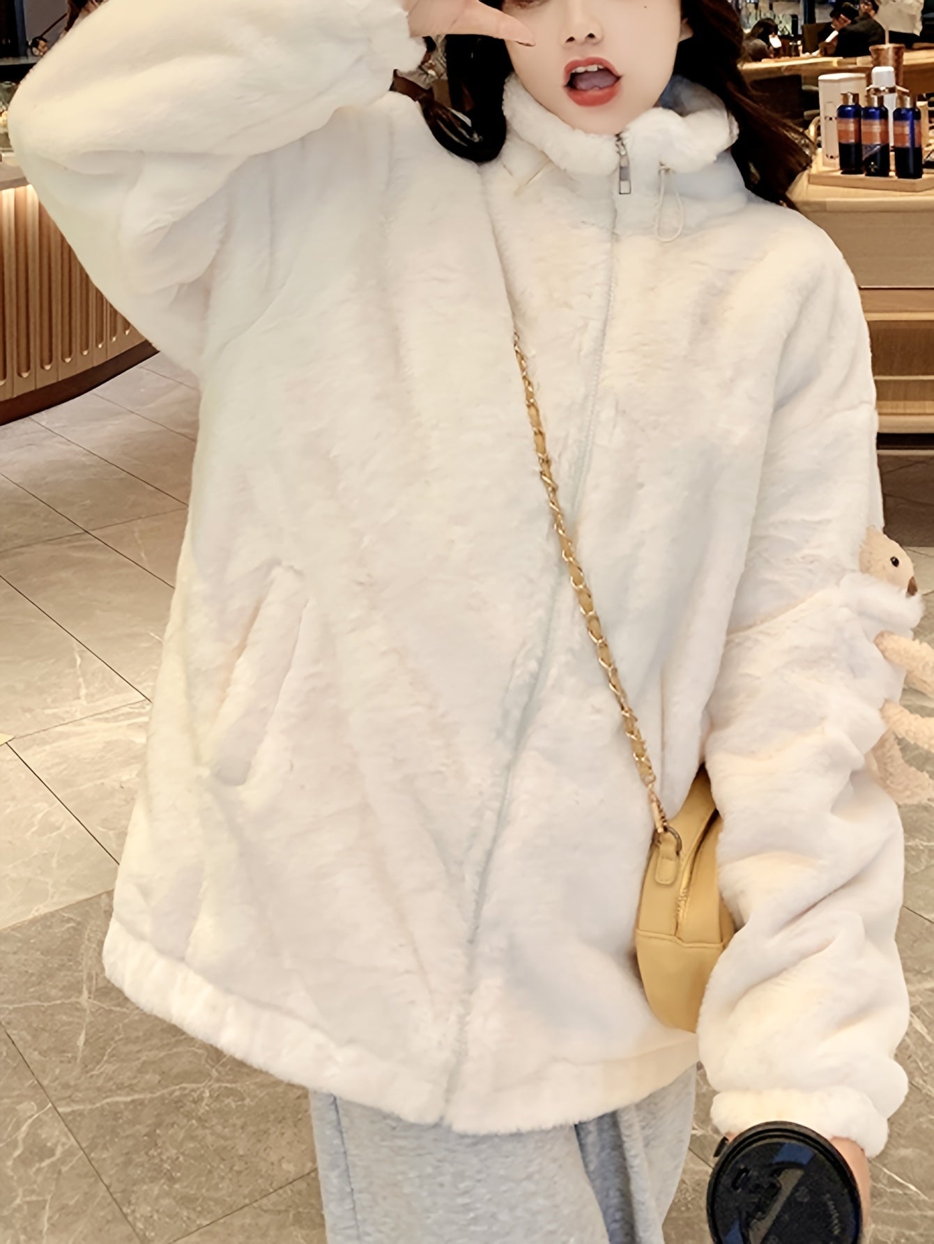 Antmvs Teddy Decor Zip Front Plush Coat, Long Sleeve Slant Pockets Outerwear For Fall & Winter, Women's Clothing