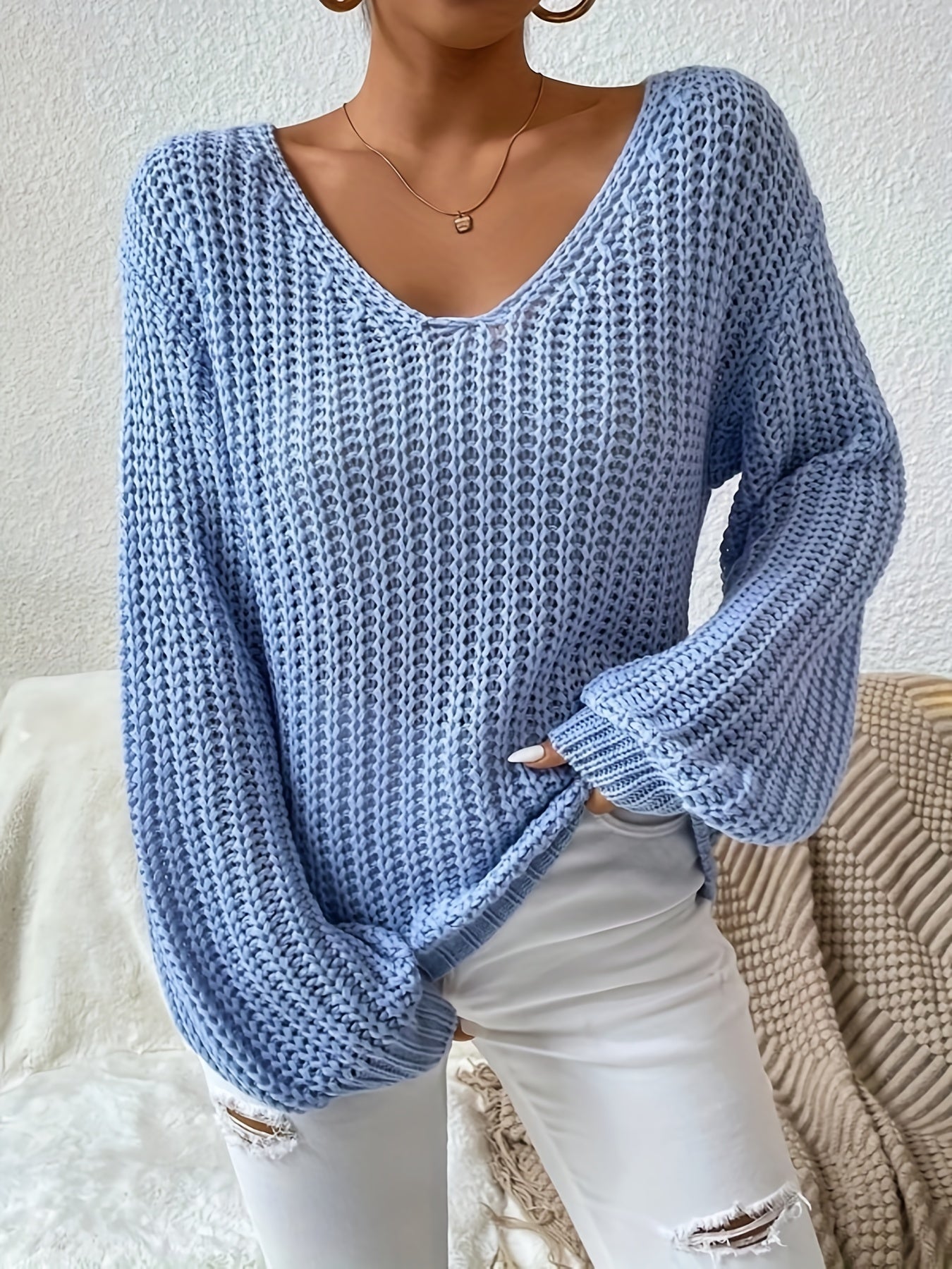 Antmvs V-neck Drop Shoulder Sweater, Casual Long Sleeve Sweater For Fall & Winter, Women's Clothing
