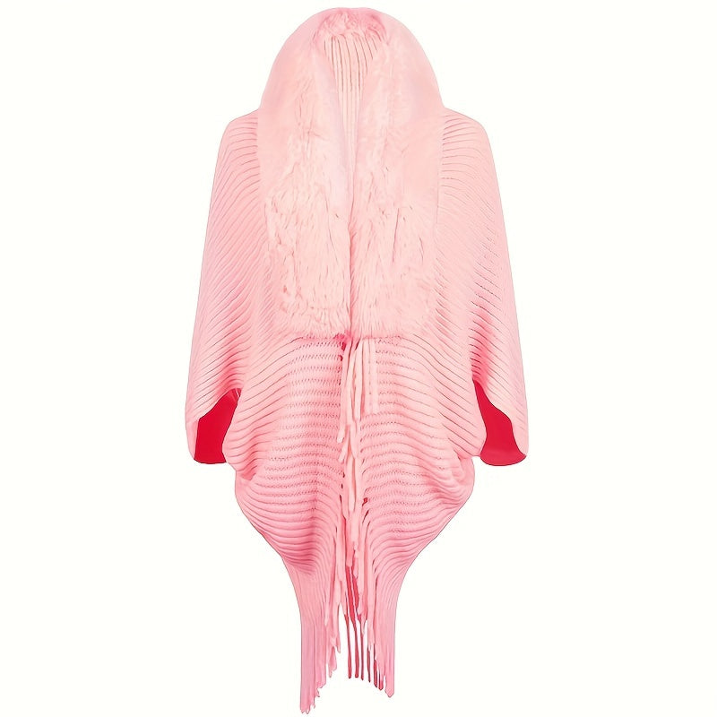 Antmvs Winter Faux Fur Collar Shawl Cape Solid Color Warm Shawl Coat Casual Loose Outer Wear Knit Shawl Wrap