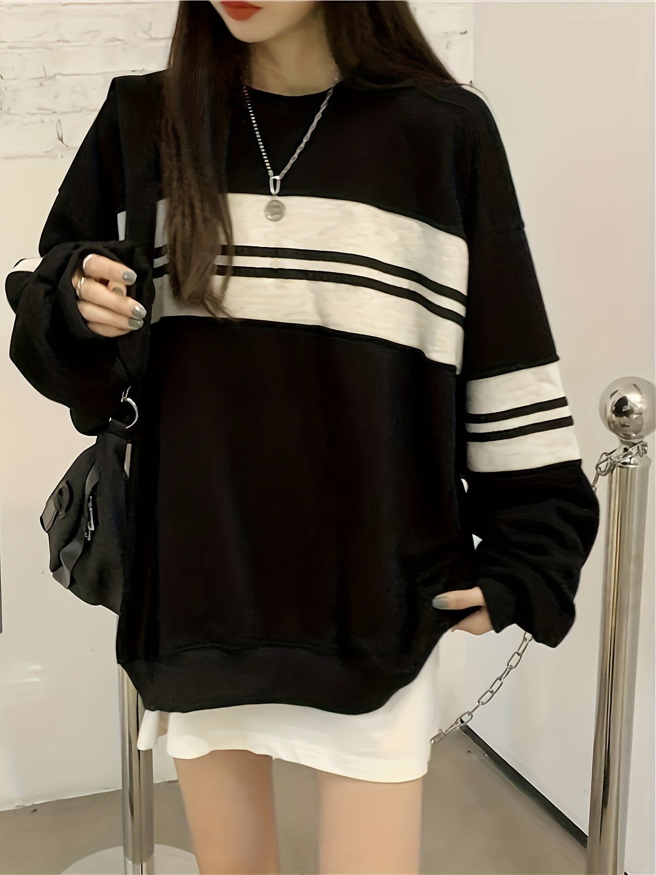 Antmvs Striped Crew Neck Sweatshirt, Casual Long Sleeve Drop Shoulder Sweatshirt, Women's Clothing