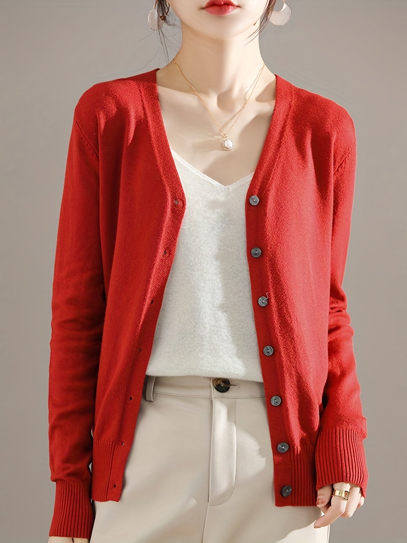 Antmvs Elegant V-neck Solid Cardigan, Long Sleeve Cardigan For Spring & Fall, Women's Clothing
