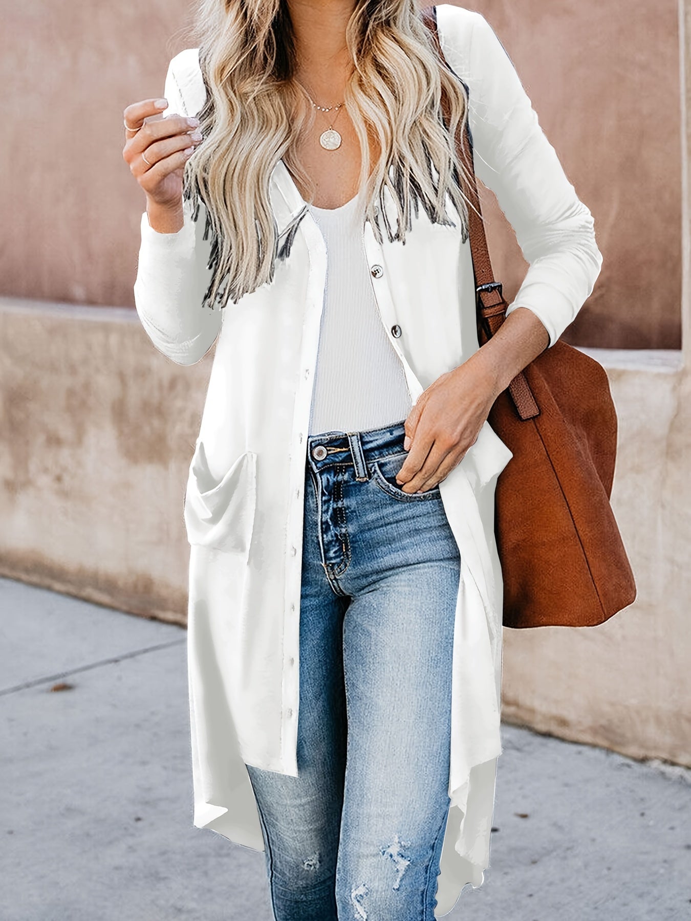 Antmvs Plus Size Casual Coat, Women's Plus Solid Long Sleeve Button Up V Neck High Low Hem Pocketed Sweater Cardigan