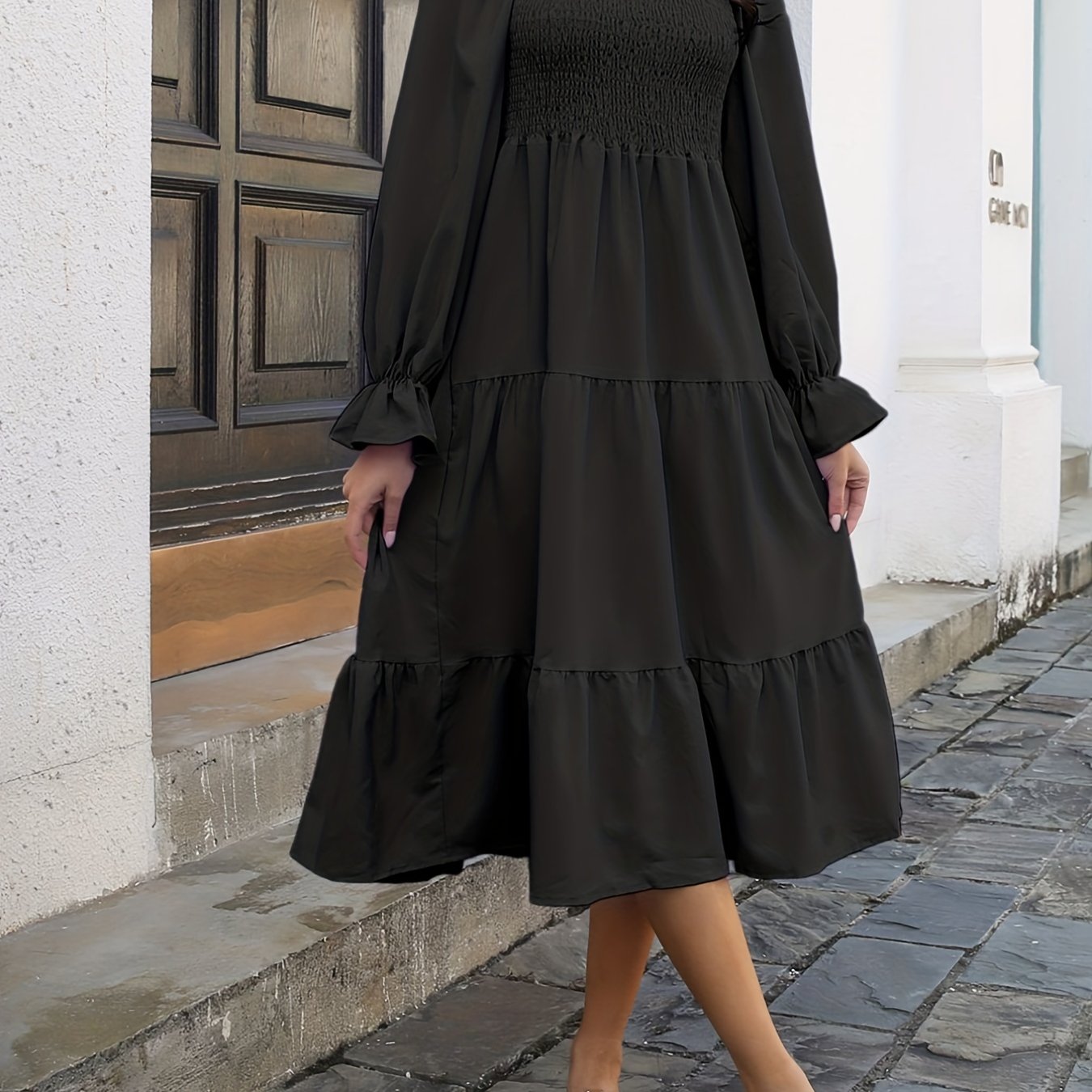 Antmvs Solid Ruffle Trim Dress, Casual Squared Neck Shirred Long Sleeve Dress, Women's Clothing