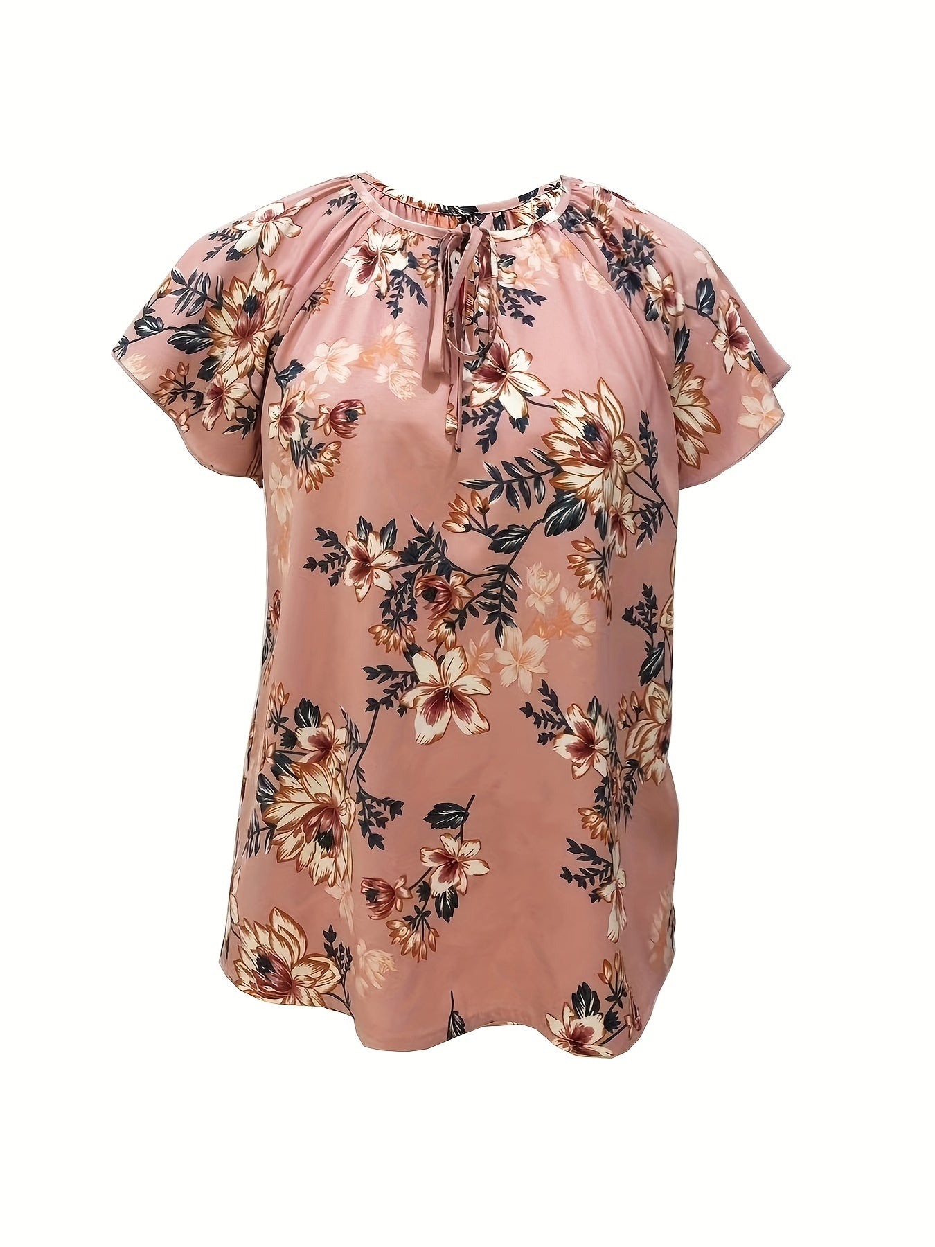 Antmvs Floral Print Drawstring Blouse, Elegant V Neck Short Sleeve Blouse, Women's Clothing