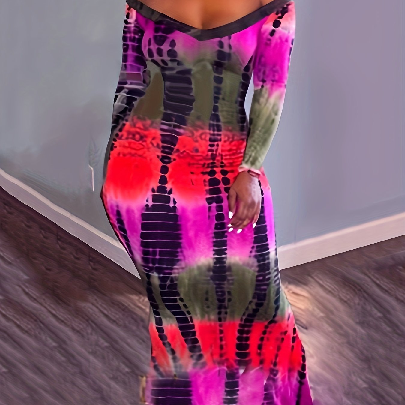 Antmvs Abstract Print Off Shoulder Dress, Casual Long Sleeve Bodycon Mermaid Hem Dress, Women's Clothing