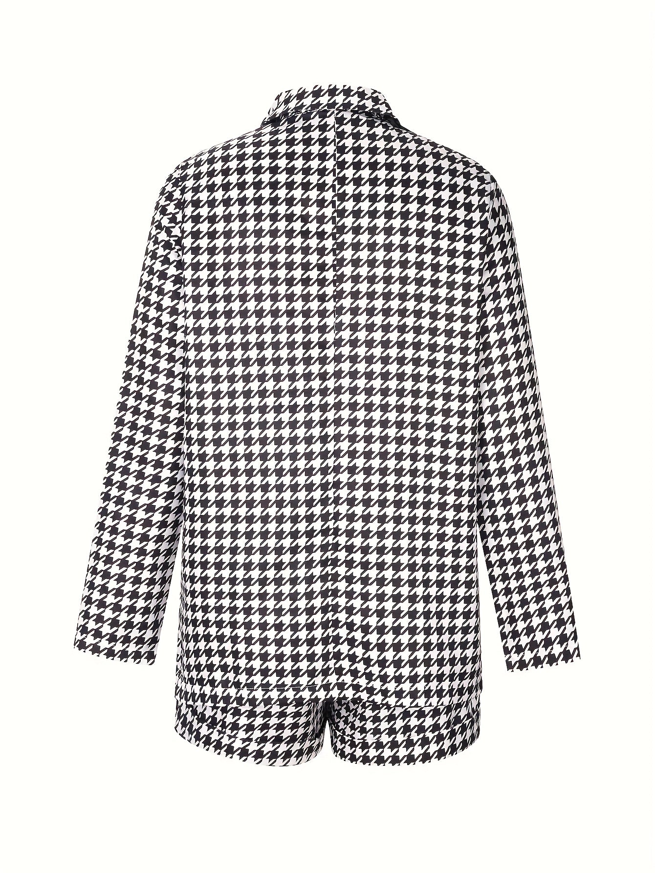 Antmvs Plus Size Elegant Suit Set, Women's Plus Houndstooth Print Long Sleeve Single Breast Button Lapel Collar Suit Coat & Shorts Suit Two Piece Set