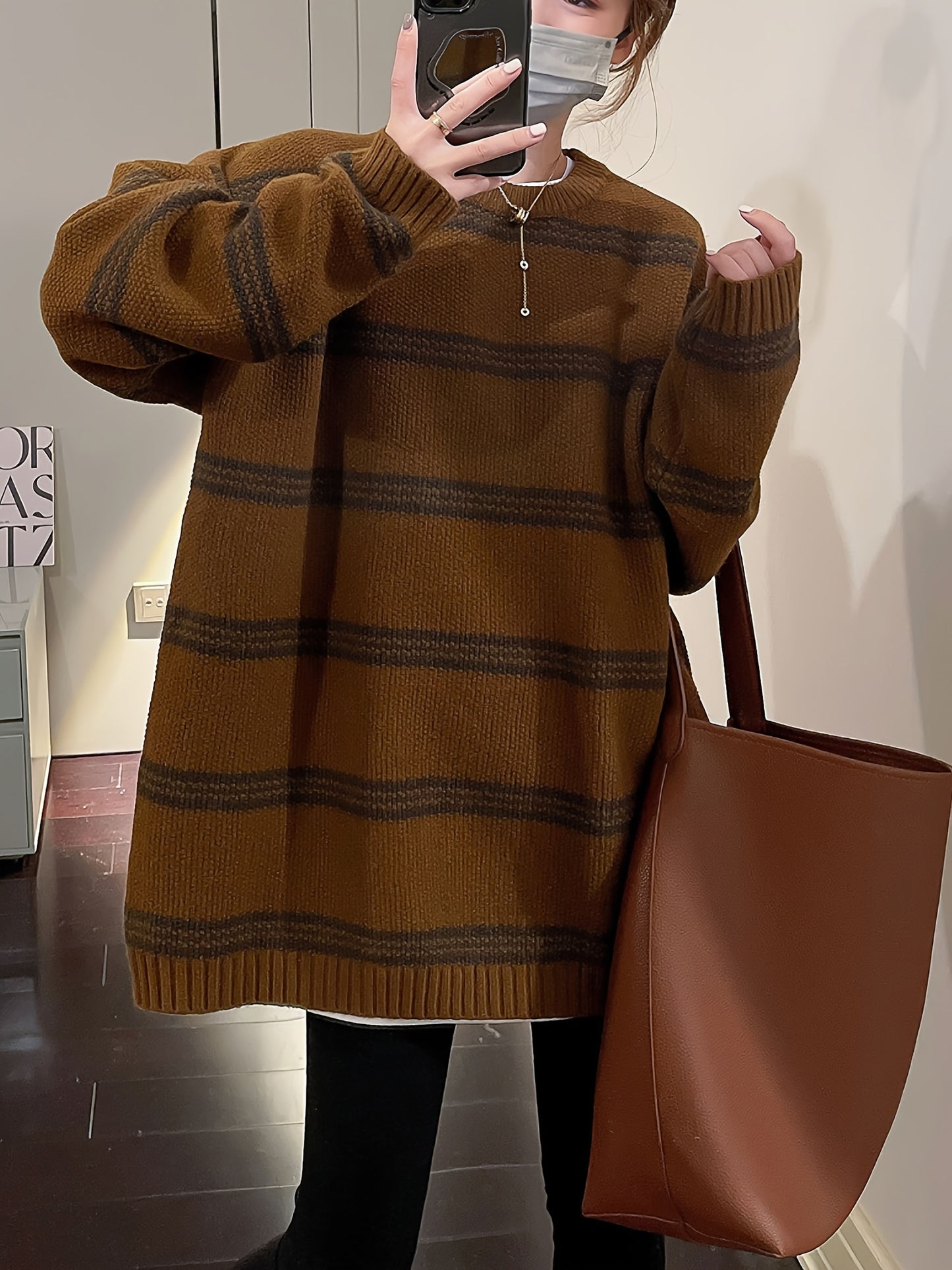 Antmvs Striped Crew Neck Pullover Sweater, Vintage Long Sleeve Oversized Slouchy Sweater, Women's Clothing