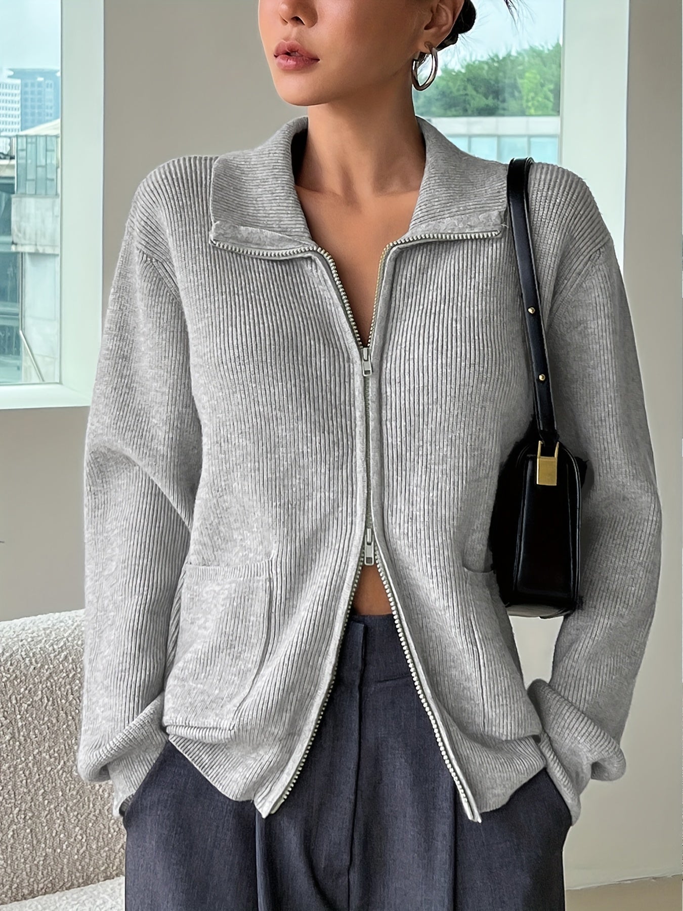 Antmvs Y2K Solid Zip Up Cardigan, Turndown Collar Long Sleeve Sweater For Fall & Winter, Women's Clothing