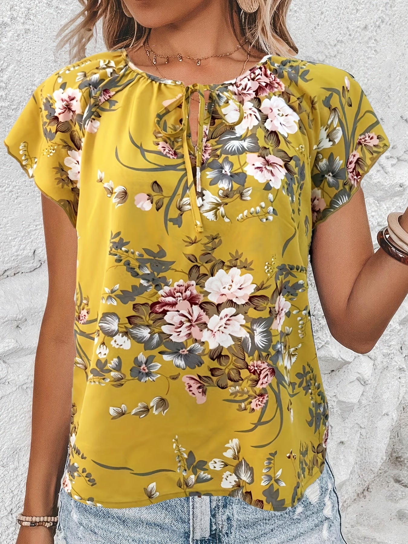 Antmvs Floral Print Drawstring Blouse, Elegant V Neck Short Sleeve Blouse, Women's Clothing