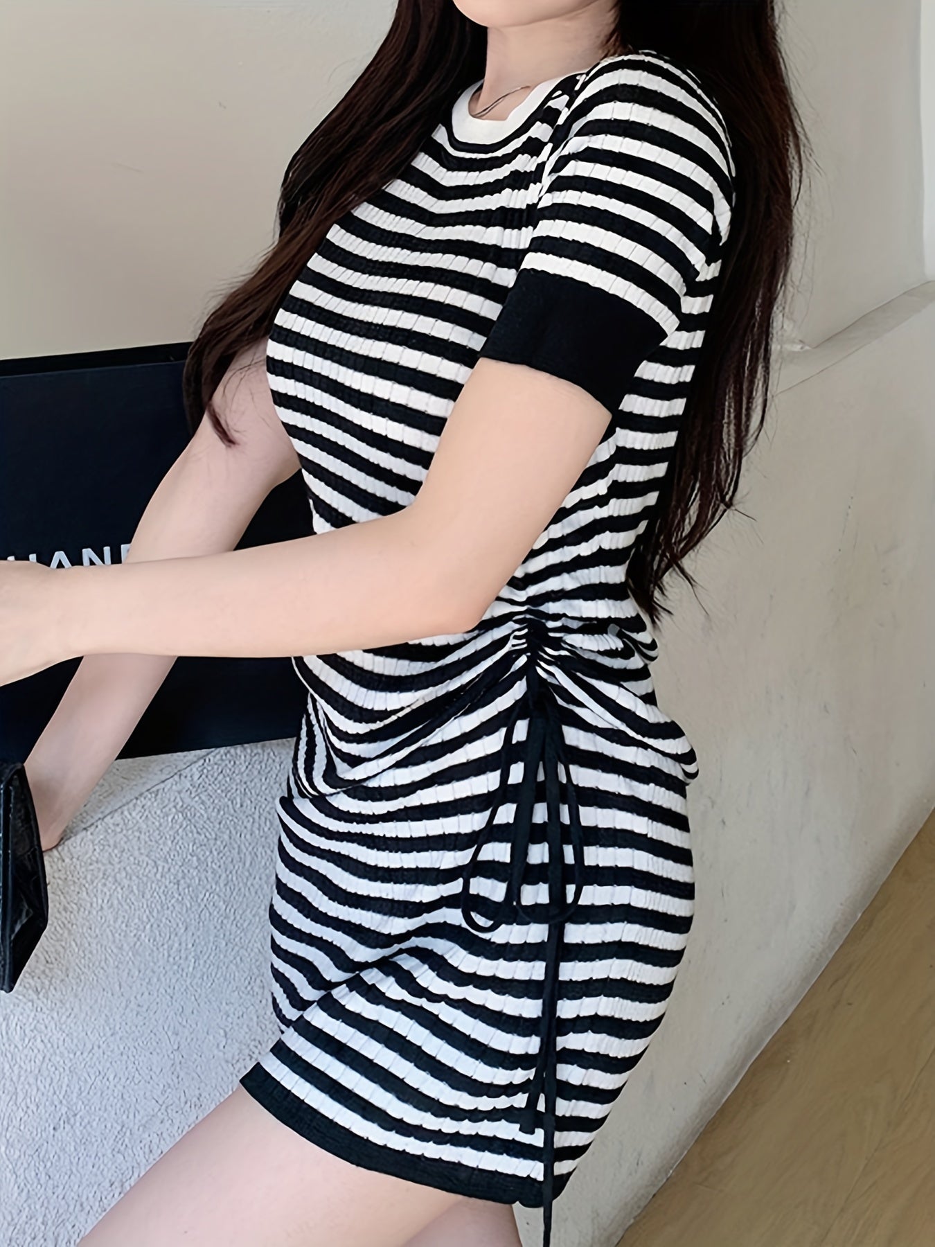 Antmvs Striped Bodycon Dress, Casual Cute Crew Neck Short Sleeve Bag Hip Drawstring Dress, Women's Clothing