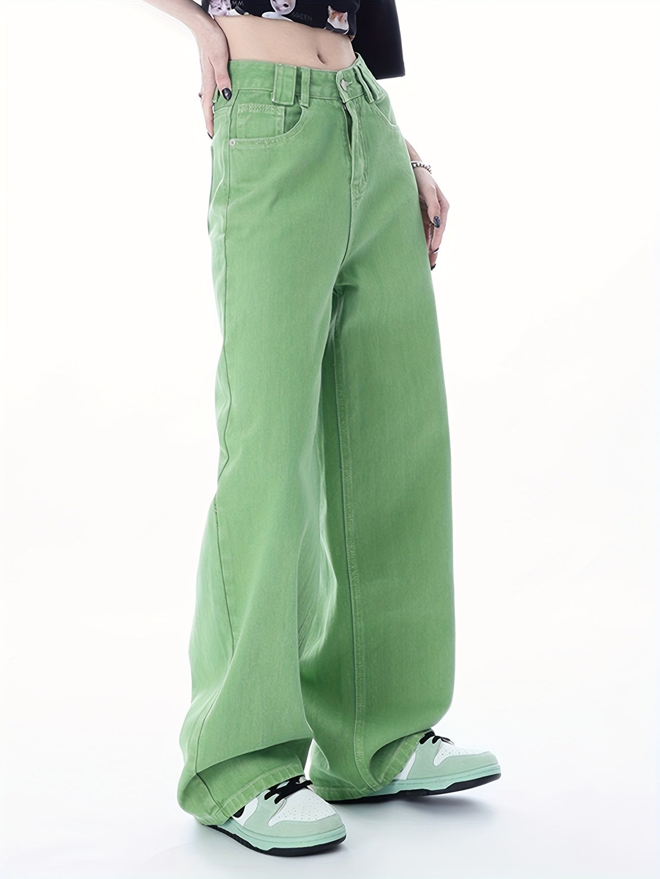 Antmvs Green Loose Fit Straight Jeans, Non-Stretch Slant Pockets Casual Wide Legs Jeans, Women's Denim Jeans & Clothing
