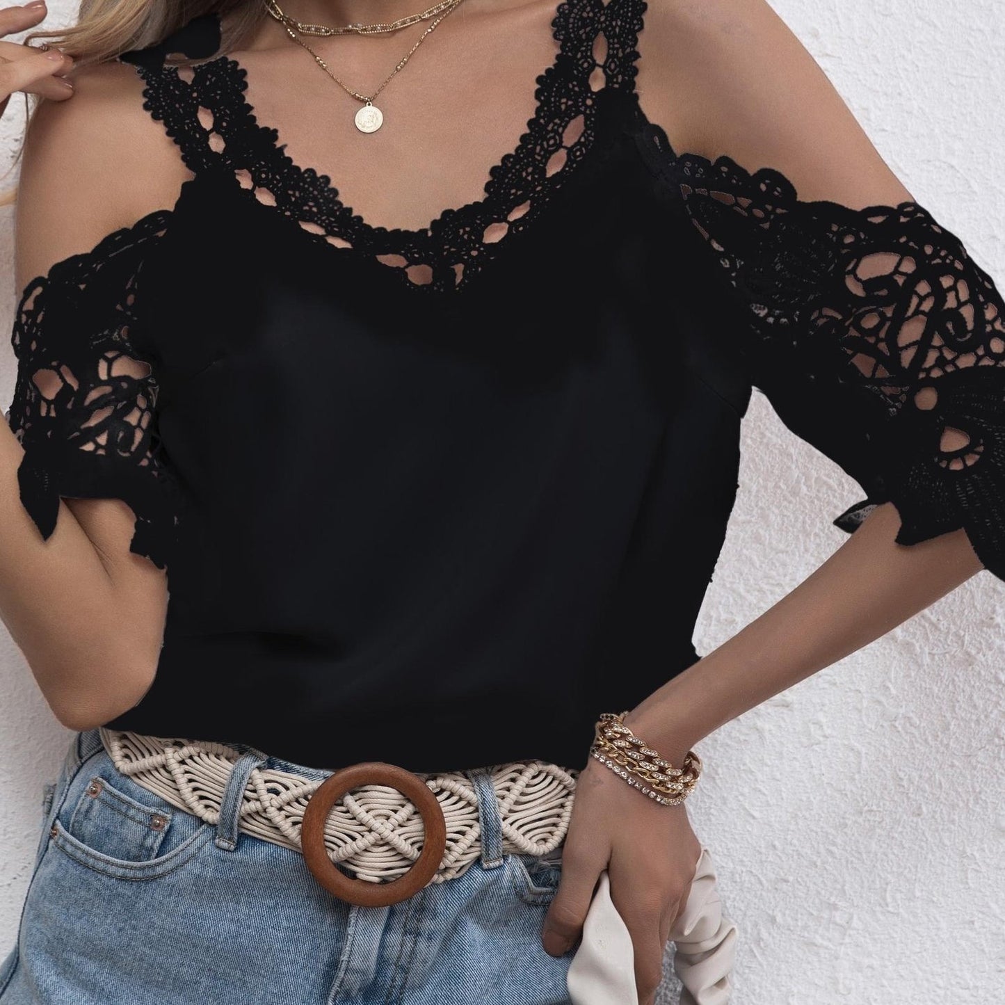 Antmvs Lace Stitching Cold Shoulder Blouse, Casual V Neck Short Sleeve Blouse For Spring & Summer, Women's Clothing