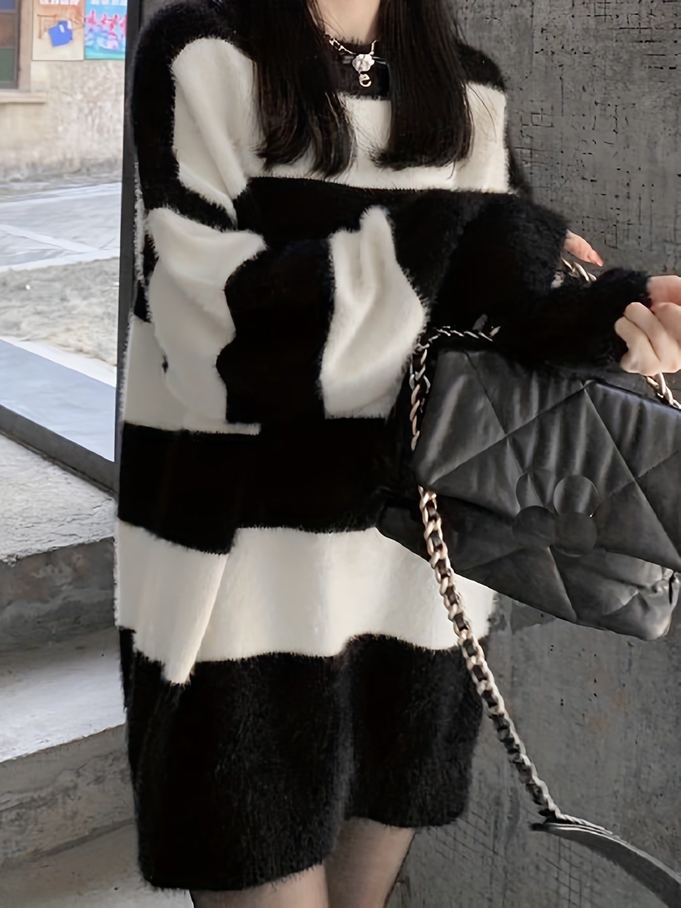 Antmvs Color Block Striped Knit Sweater, Casual Crew Neck Long Sleeve Sweater For Spring & Fall, Women's Clothing