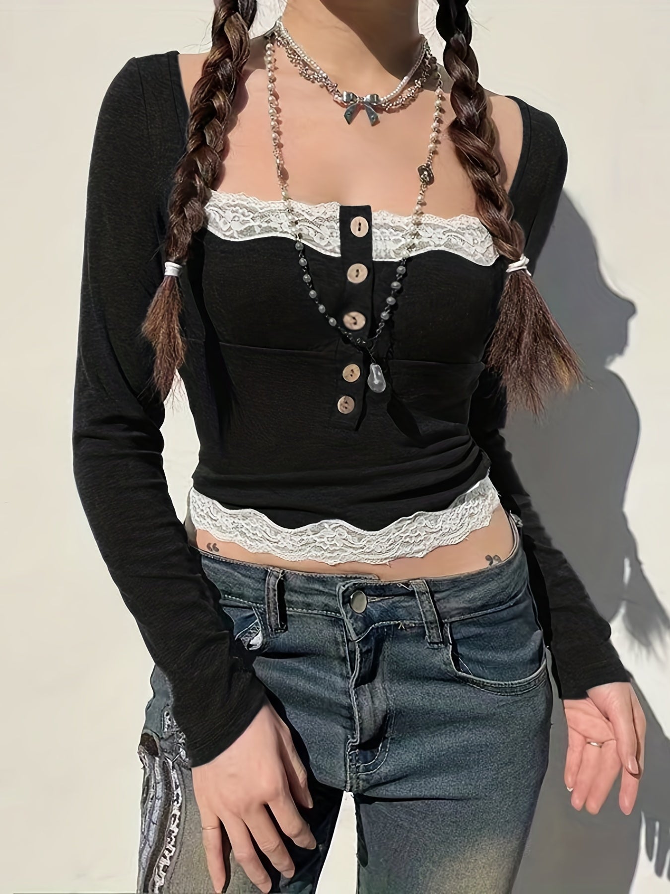 Antmvs Contrast Lace Button Front Square Neck T-Shirt, Y2K Long Sleeve Top For Spring & Fall, Women's Clothing
